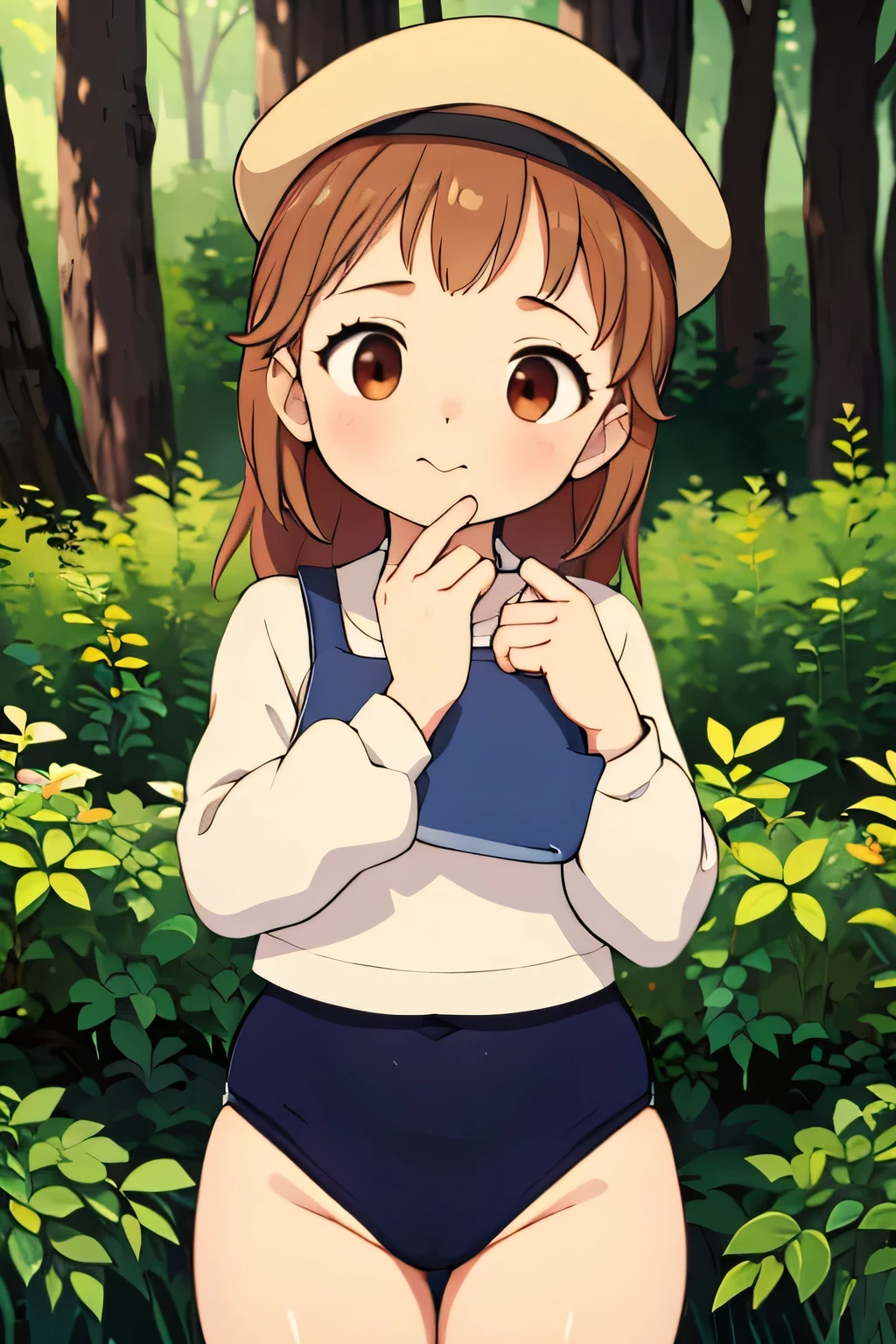 (masterpiece, highest quality), 1 girl, beautiful face, beautiful body, wearing a Black gymnastics bloomers, High leg、white blouse, cowboy shot、Are standing、full body portrait、alone, complex details, enlarged textures, complex details, finely detailed eyes and detailed face, intricate details, (closed mouth), perfect eyes, equal eyes, perfect body, extremely detailed, (), extremely realistic 3d,In a dark forest、cap,long violate hair,Grass