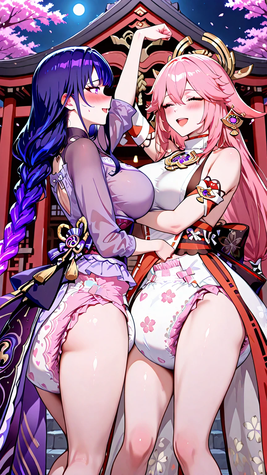 ,There is a five-storied pagoda and a torii gate,A festival hall full of food stalls,paper lanterns,Glossy black colorful hair, Pink, yellow, Green, and light blue,Fluffy bun hair,Colorful and luxurious kimono, Kimono that can be seen through the chest,reddish,white,Pink and Gold,happily face,Smile on his face,Face of pleasure,AHE Face,,ecstacy,A slightly disheveled kimono,Nipple bumps,Fornication,SEX,It's good to drool,