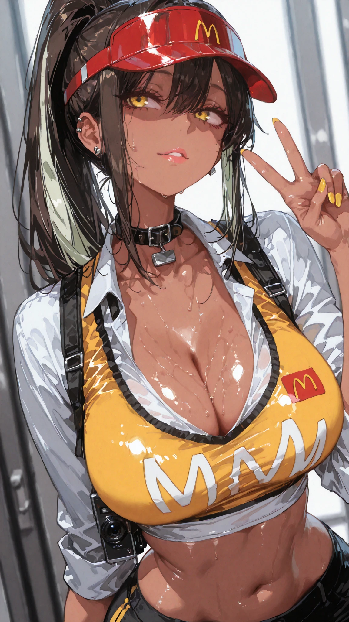 ((1girl)) (massive female bodybuilder:2) pale skin black hair very long hair yellow eyes  (huge breasts:2) long hoodie sweatpants midriff close up sad
