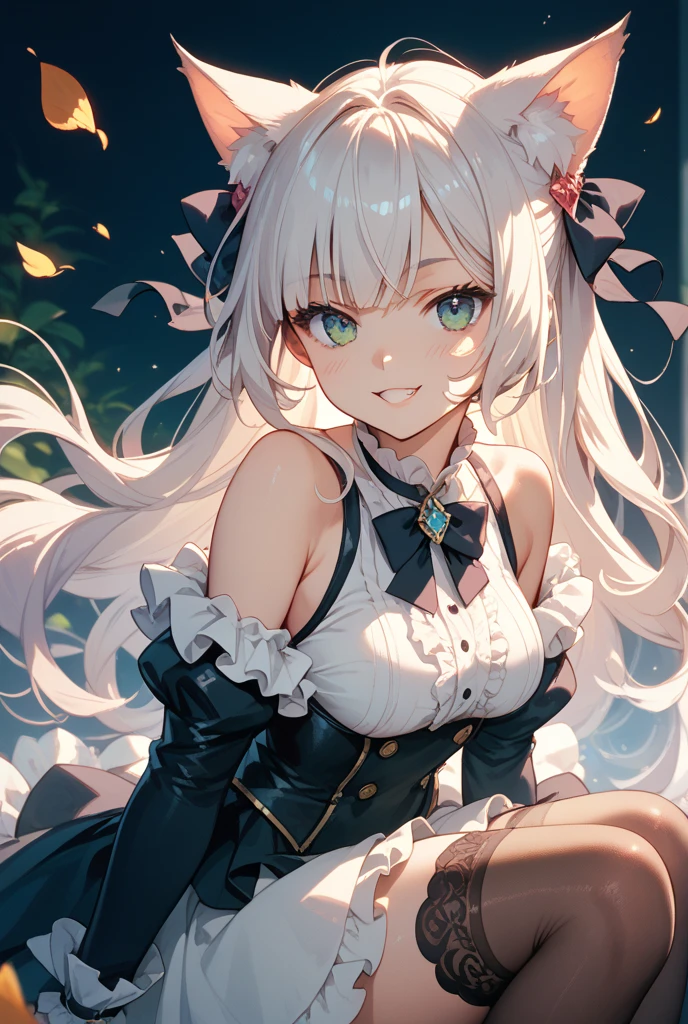 Emilia re:zero, purple eyes, Emilia, crown braid, x hair ornament, flower hair ornament, (((white hair:2.0))), long hair, medium breasts,, long hair, two side up, hair ribbon, tiara, parted bangs, hoop earrings, jewelry, bare shoulders, neck ring, bikini, single sleeve, detached sleeves, single thighhigh, black thighhighs, 1girl, solo, facing viewer, looking at viewer, upper body, smile.