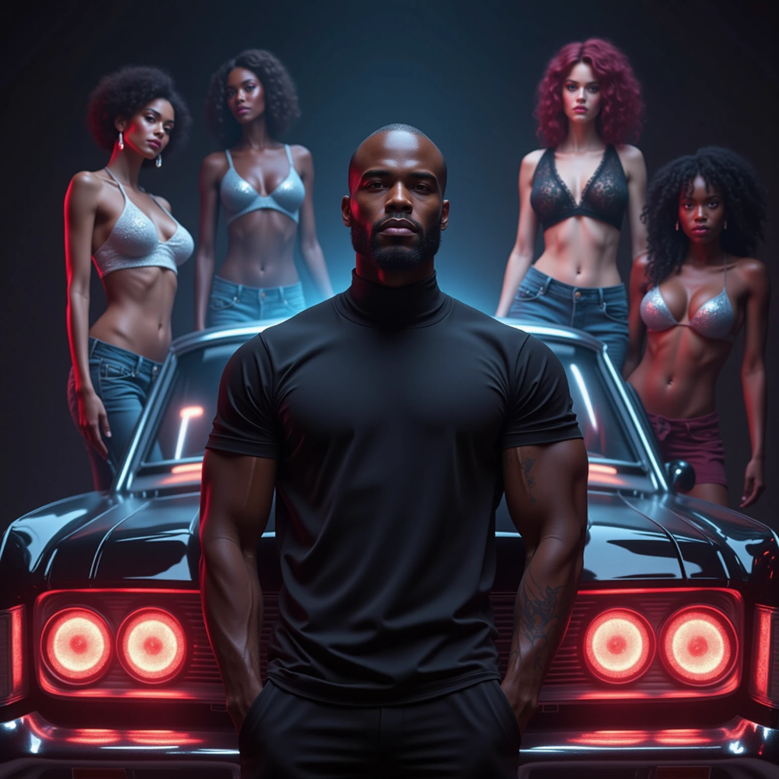 photography, handsome african male perfection, strong jawline, full lips, Roman nose, no hair, brown eyes, hyper realistic, 8k --v 4 He is sitting on a beautiful sports car, and there are several very sexy women approaching him! They are wearing very short clothes and have perfect bodies, with the image quality being extremely realistic in 4K and 8K resolution