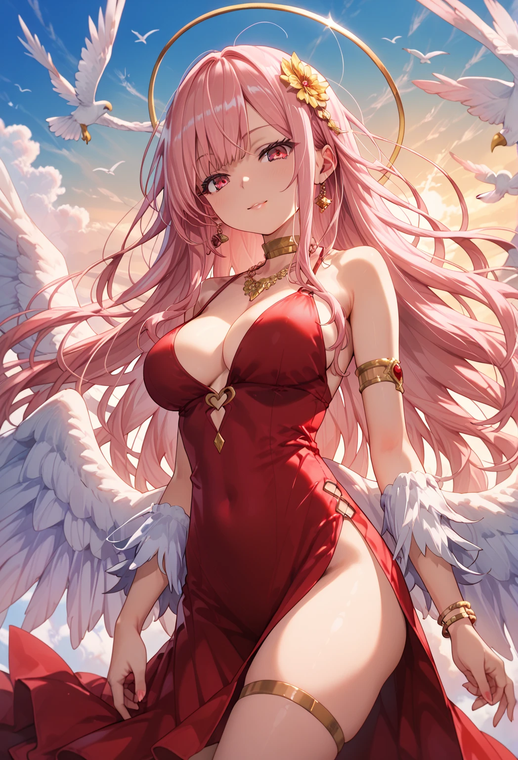 8K, Top Quality, Intricate Details, Ultra Detail, Ultra High Resolution, Masterpiece, tall, slender, slim, full body, Mori Calliope from Hololive; very long fancy pink hairs; beach, strong makeup; pink eyes; sensual midriff; wearing seaside dress, pointy breast, a lot of jewelery, rings, best quality, expressive eyes, perfect face, masterpiece, slim body, very long legs, detailed stomach, detailed hips, detailed legs, carefully drawn toes, carefully drawn feet, carefully drawn hands, best quality, drawn with careful, Dynamic Angle, Highly detailed, seductive eyes, NTR