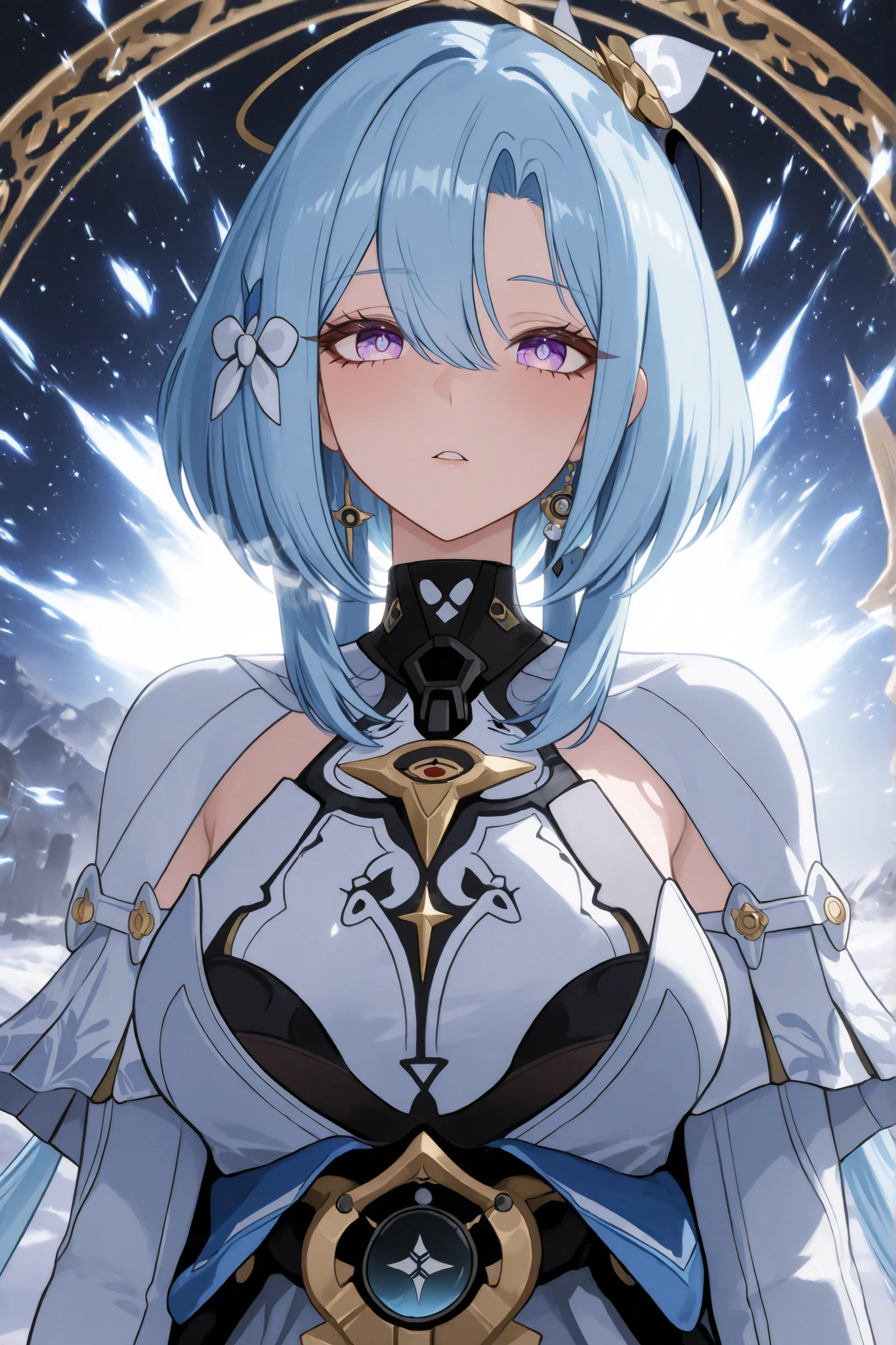 ((apenas)), (griseo :1.2), Aquecer, Beautiful woman with blue hair , cabelo curto, cabelo desgrenhado, sidelocks, levado, white breath, Olhos azuis, olhos brilhantes, seios grandes, decoration, bright white aura, upper body, ao ar livre, Mundo diferente, ridiculous masterpiece, cor fria, alto contraste, is extremely absurd