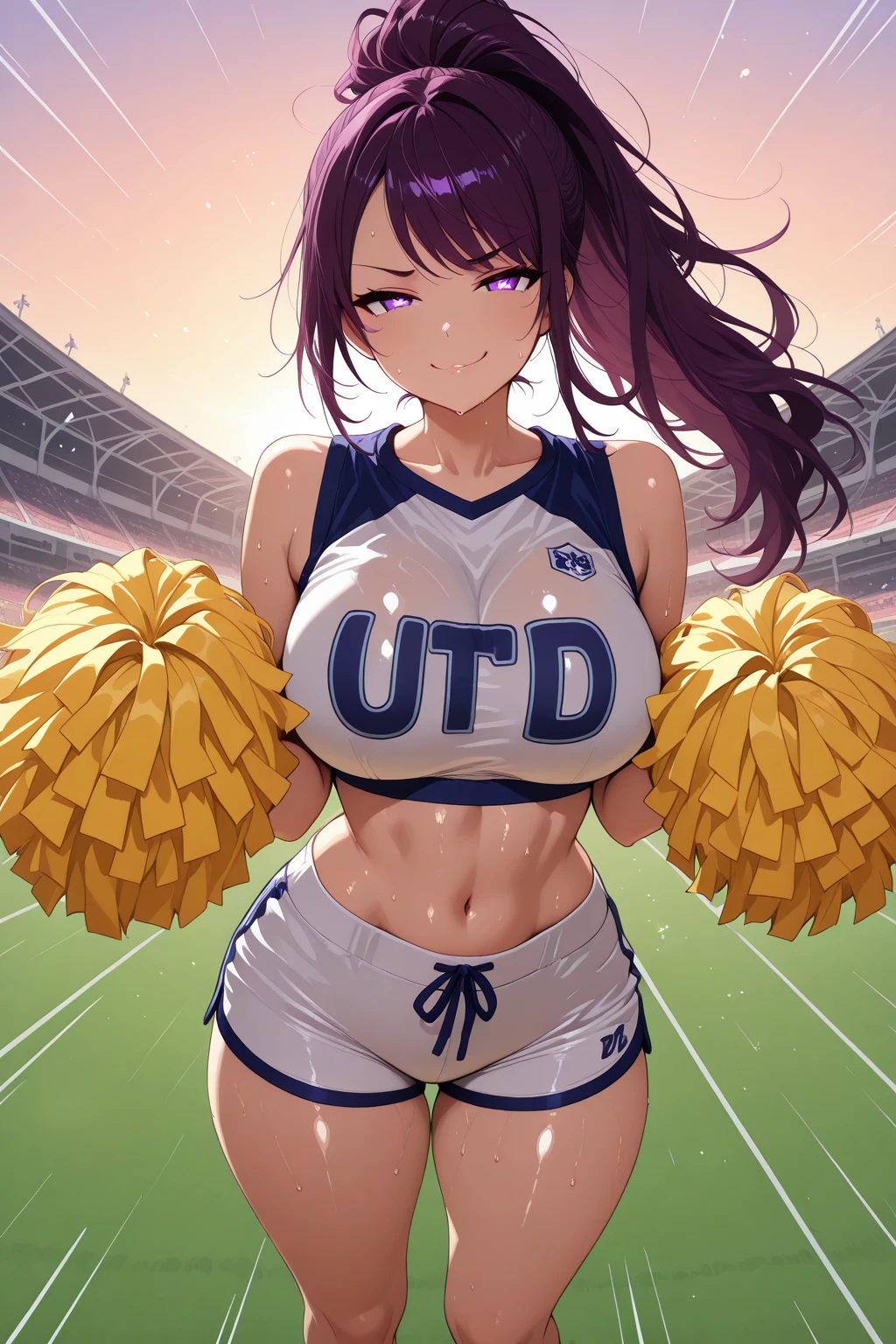 score_9, score_8_up, score_8, score_7_up,score_6_up BREAK 1girl, xayah, xayah from league of legends, solo, curvaceous, massive breasts, thick thighs, wide hips , abstract background, cheerleader, cheerleader outfit, ponytail, crop top, pleated skirt, pom poms, smile, football field setting, underboob, nipple slip, leg up, pussy, nipples, areola
