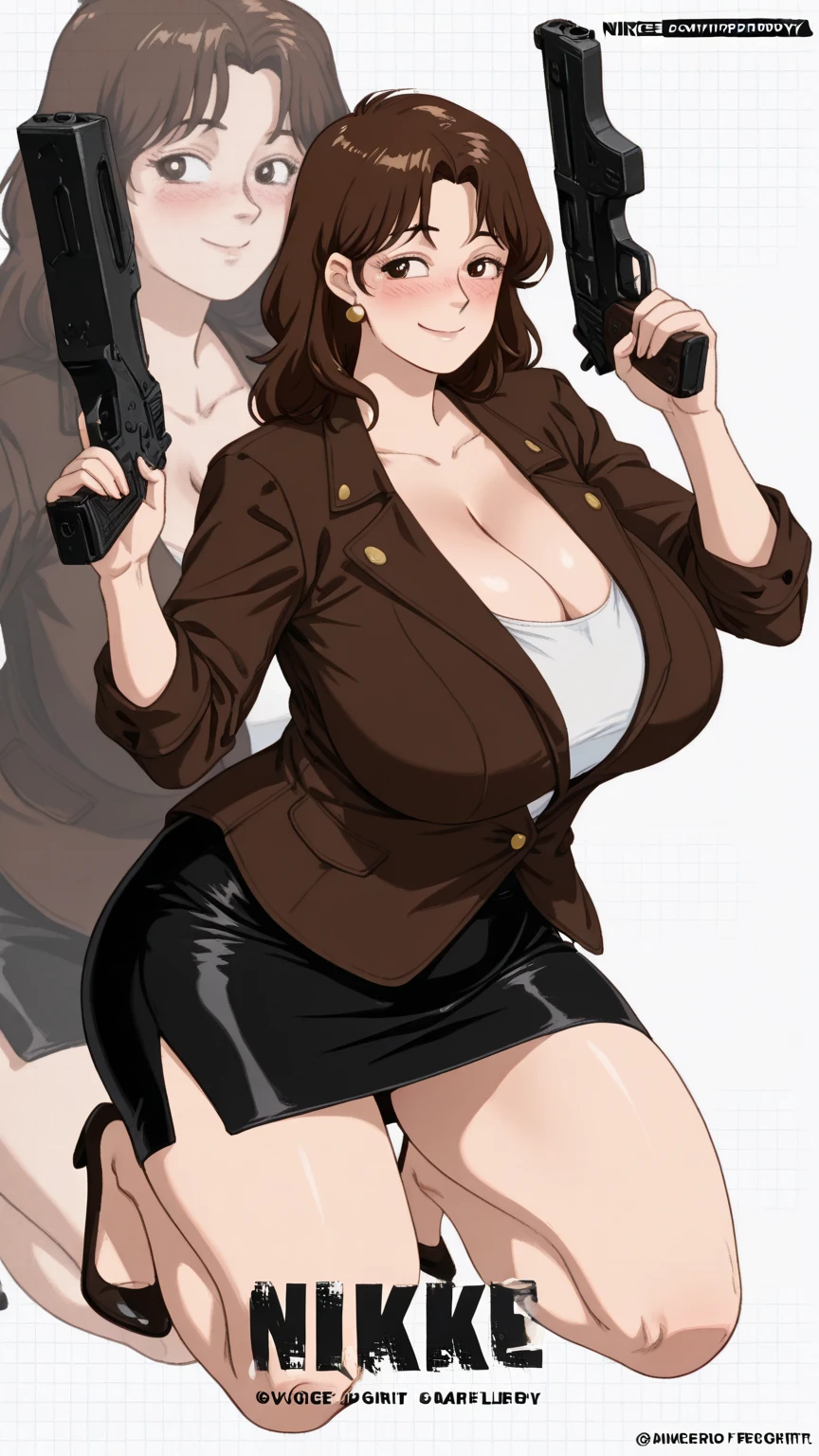 Female secret agent in (luxurious long dress:1.3), (shooting pistol:1.2) , (thigh pistol holster:1.2) attached to thigh, accessories, necklace, earrings, rings, bangles, muscular, in the dance hall, gigantic breasts