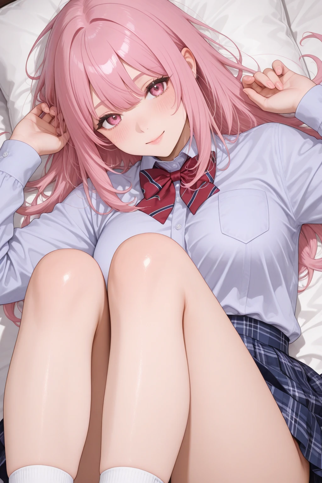 very delicate and beautiful girl,8k wallpaper,masterpiece,danntoudainoaura,Bedroom,1 girl,alone,devil&#39;s horns,devil girl,long hair,medium breasts,(school uniform),((loose socks)),pumps,white blouse,(sit on bed),looking at the viewer、Photo from below、((sit cross-legged))、((sailor suit))、((mini skirt))、