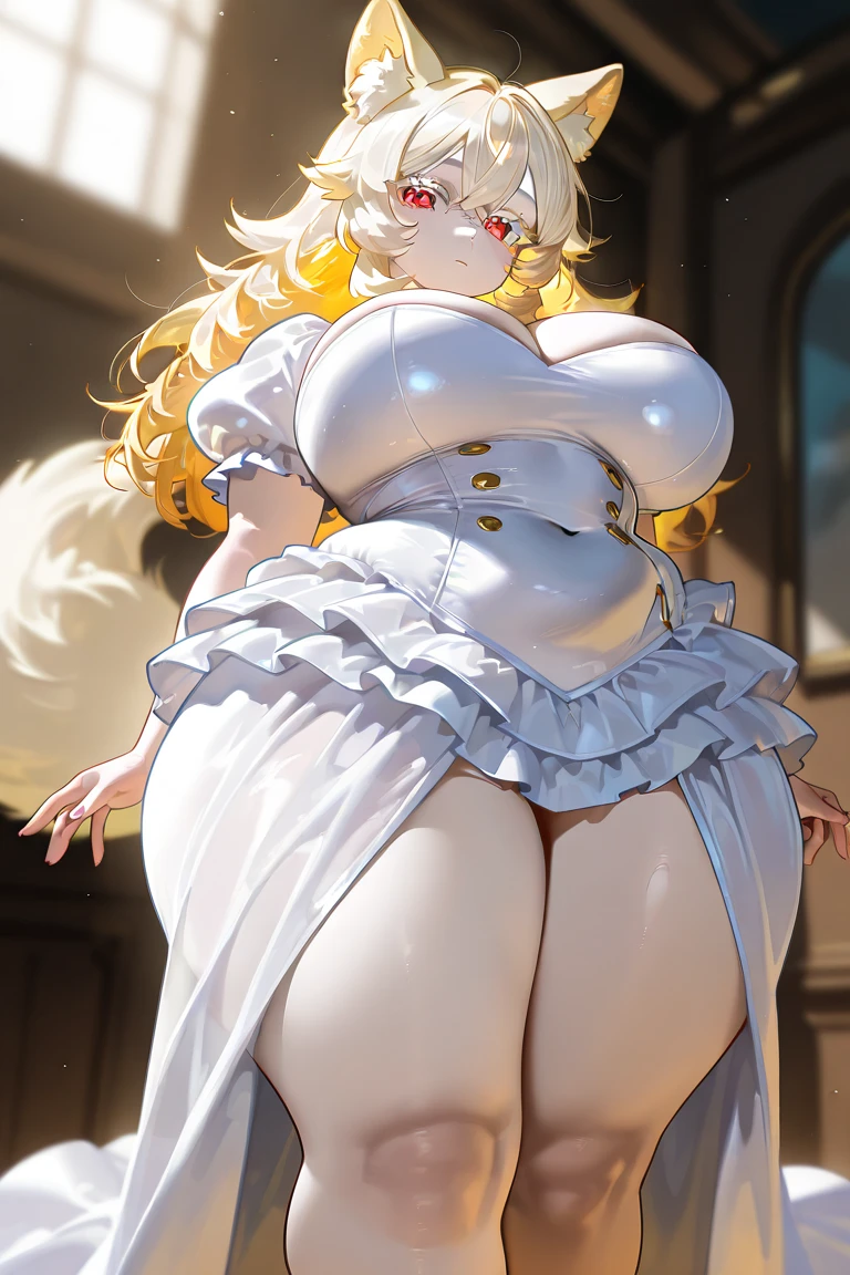 1 girl,perfect anatomy, Masterpiece:1.2, Best Quality, realist, (real image, intricate details, depth of field), beautiful albino woman long straight white hair , using cow horns and ears , she has striking orange eyes, Very detailed, Perfect face, (huge breasts:1.6), (cutaneous denture), thick thighs, Wide hips, small waist, high, (huge ass:1.6), blush, sexy, wearing a tight erotic dress, sfw