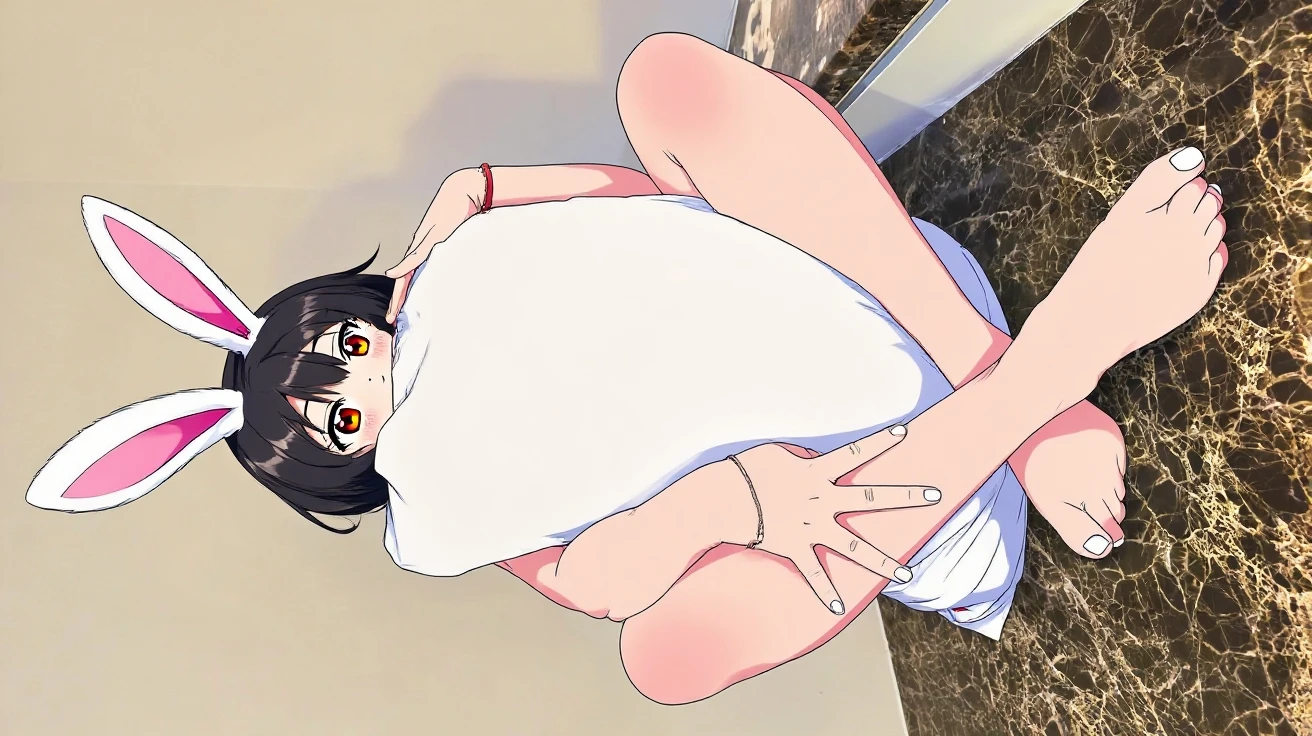 [anime styled],[official art],Tomomi_saikyou,black hair,Short hair,Hair Ribbon,red eyes,NSFW,1girl in,(pussy focus),from below,(short torso),Perfect Lighting,nude,topless,(nipples),,anime screen cap,Flat color,cel shading,(smile),blush,(underwear:1.2), (strong light)、((brighten the subject)),oily skin,curby:1.2,((lite yellow panties)),relax   break background classroom,