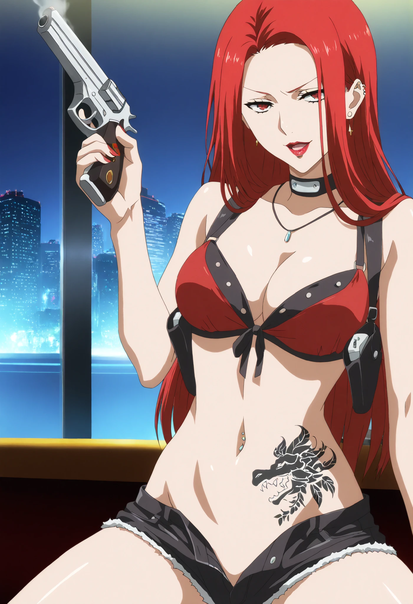 mature female suprise expression, red hair, orange red hair, long hair, straight hair, parted bangs, milf, forehead, middle parted hair, high detailed, best quality, ,red lipstick ,,, milf, necklace ,, ear piercing, long hair, , lipstick,Hot girl, baddie, smoking, bad attitude, mean girl, sensual, attractive, ,cross necklace, ,choker, ,bar background, inside bar, indoors, cityscape, casino, nightclub, city lights,, masterpiece, best quality, highly detailed, a girls with a gun, evil smile , open mouth, gaze, badass pose , evil smile, smile, () , guns blazing, anime girl with long hair, beautiful long haired girl, navel, evil expression, exposed belly, exposed navel, exposed midriff, exposed lower belly, , cleavage, unbuttoned shorts ,open fly, black shorts, short shorts,, leather jacket, holding a gun, holding pistol ,, pull_down shorts, short shorts,(show off panties,:1.2, no panties), , top, ,navel ,navel piercing, shoulder holster ,, dragon tattoo on waist , narrowed eyes , tattoo on waist , anipai_style , anime screencap , anime coloring , v-shape eyebrows ,, Tokyo Ghoul Style