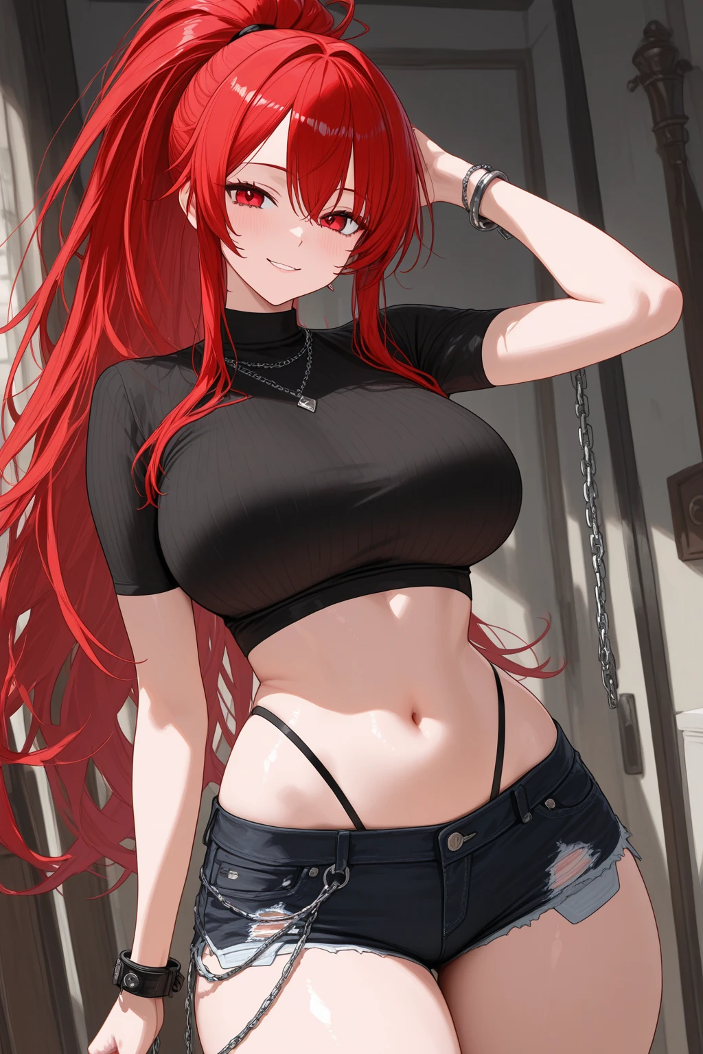 My name is Hikaru, I am a white test woman with long red hair and black eyes. I am 1.60cm tall and weigh 46kg. My breast sizes are 300 cm, my waist is 60 cm and my hips are 200 cm. Dressed in black jeans long showing the string of the thong at my waist and a red sports bra. With big breasts 300 cm