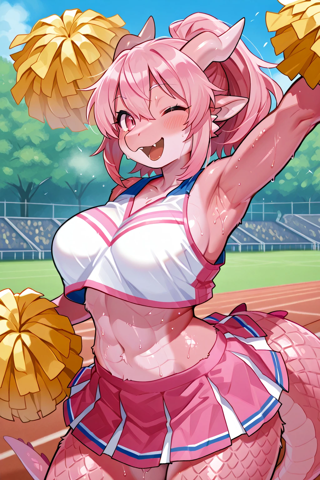 1 girl, game CG, sleeveless white cheerleader, lower breasts visible, navel visible, short red skirt, gigantic breasts, pink hair, long hair, ponytail, princess hairstyle, ahoge, pink eyes, out of school , blue sky, tree, jump, smile, open mouth,