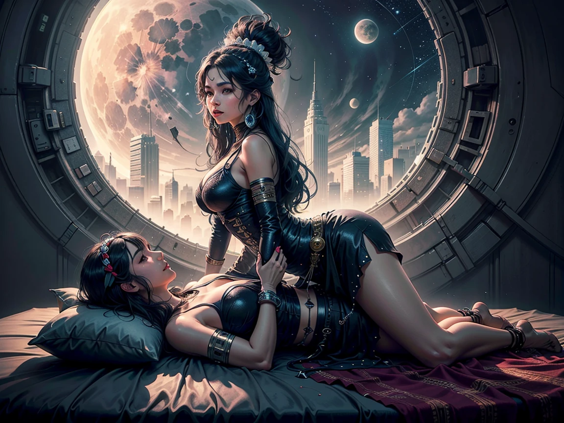 Masterpiece,bestquality,flat colour,night, 2girl,lingerie multi colored,ONLY panties,sexy,perfect boobs,no cloth BREAK,perfect face,perfect body,full body,closed eyes,COLORED HAIR,LONG HAIR,Curly hair,BREAK,looking each other,face to face,talking,look focus,BREAK,magic circle on the ground, with thunder,thunder arround them BREAK,they are on the top of a mountaine pic,snow,there is a tempest in the background