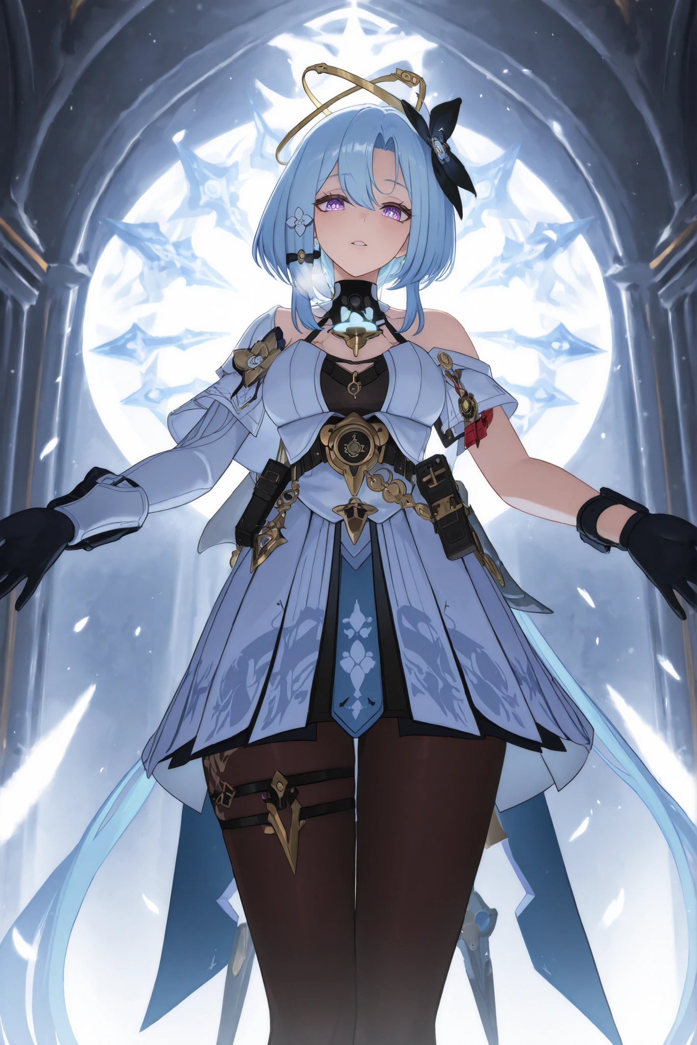 ((apenas)), (griseo :1.2), Aquecer, Beautiful woman with blue hair , cabelo curto, cabelo desgrenhado, sidelocks, levado, white breath, Olhos azuis, olhos brilhantes, seios grandes, decoration, bright white aura, upper body, ao ar livre, Mundo diferente, ridiculous masterpiece, cor fria, alto contraste, is extremely absurd