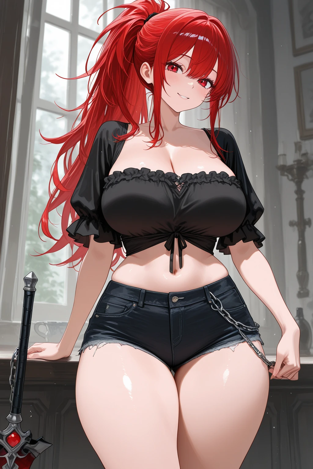 Girl maid uniform, extremely short skirt, wearing thin-framed round glasses, red hair, ((small chest, 18 year old girl, beautiful, face d)), ((large breasts, large neckline showing a nipple)). Full body image. Photorealistic face, realistic, realistic eyes, smile. In the background bar type English Pub,(high resolution:1.0), beautiful lighting, perfect lighting, realistic shadows, [highres], detailed skin, ultra-detailed, legs open, legs up, curved, large earring, thighs, (beautiful long hair), thin collarbone, soft navel, soft belly, soft back, angle from above, sweaty, gorgeous breasts, blush, photorealistic, realistic face, realistic eyes, small eyes, malicious smile (((anime style))) ((neckline))),  (freckles), (eyeliner), (mascara). --auto --s2