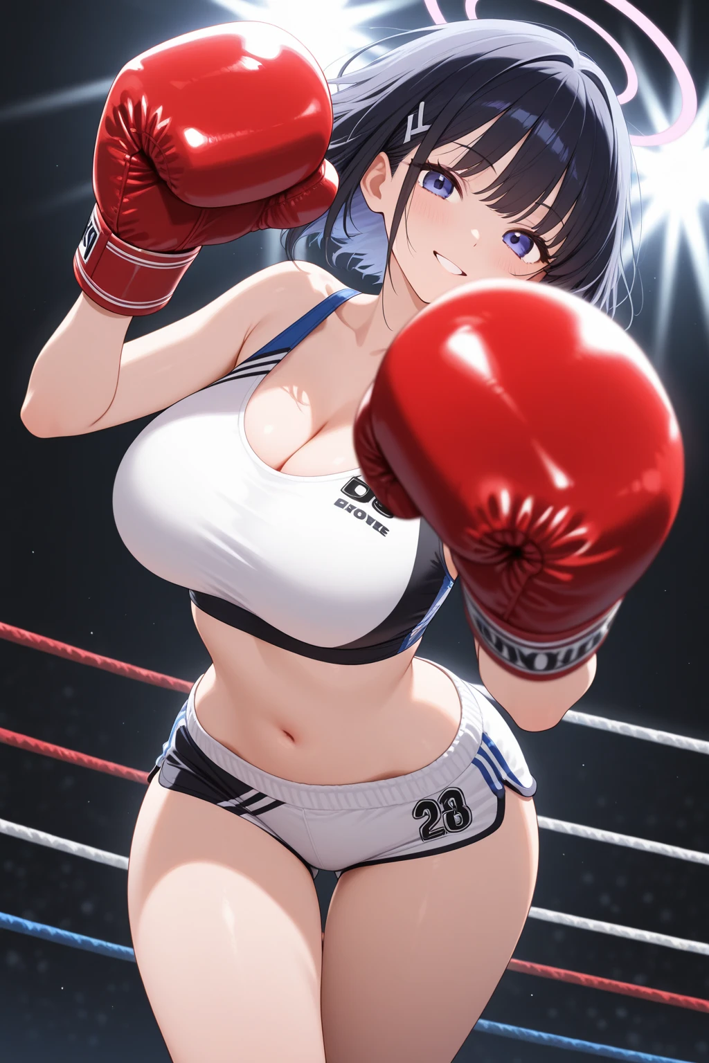 boxing gloves, 1girl, breasts, thighhighs, navel, solo,sweat, smile, skindentation, buruma, white thighhighs, collarbone, looking at viewer, cowboy shot, bangs, large breasts,closed mouth, thighs, blush, medium breasts,
detailed eyes, Perfect features, (masterpeace, best quality, good quality:1.4), masterpeace, intricate details,