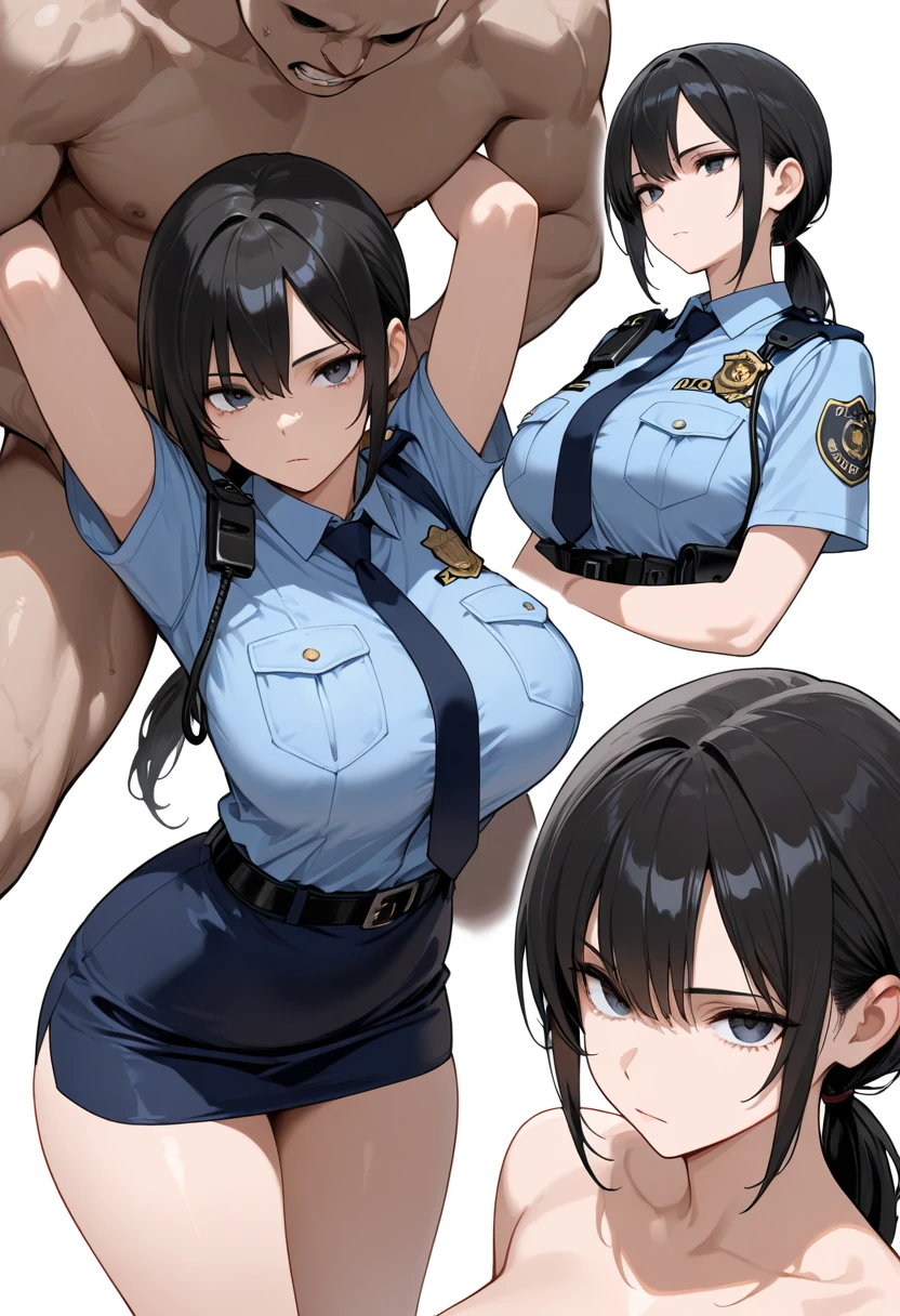 shirase sakuya,Female police officer,belt,Denim shorts,Black knee-high socks,Black thigh-high socks,White shirt with rolled up sleeves,Black thigh long gloves,penis,Slender and sexy woman,Black Hair,ponytail,Fat naked man(Grinning face),recording,Are standing,Sweat,Thigh job,A lot of semen,Painful face,Thigh job,Cum on thighs,Heart symbol,