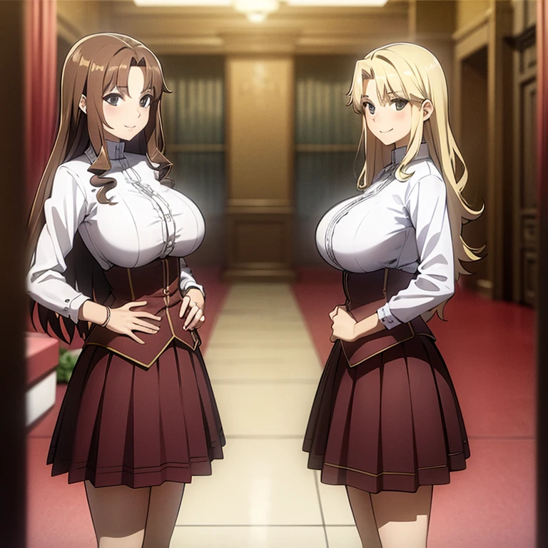 a masterpiece photo of 3 beautiful brunette sisters with long fluffy-layered hair, peach-brown haired sisters, different hair colors, matching hairstyles, hazel eyes, big And round bust, matching uniforms, smiling, flat color, same height, organized pose, back to back, best quality, 4k, 8k, highres, masterpiece:1.2, ultra-detailed, realistic, photorealistic, photo-realistic:1.37, HDR, UHD, studio lighting, ultra-fine painting, sharp focus, physically-based rendering, extreme detail description, professional, vivid colors, bokeh