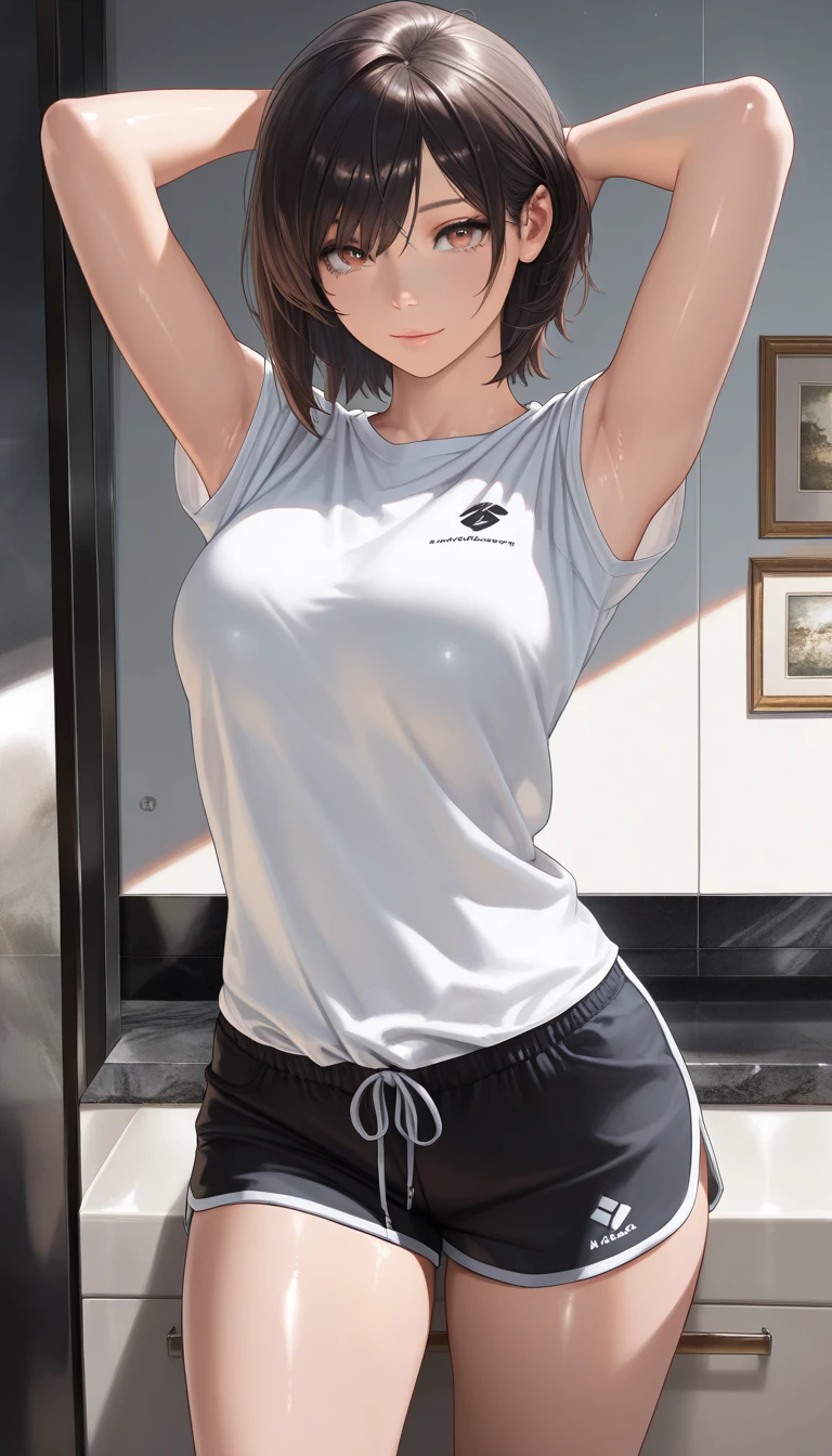 ((highest quality)),(ultra high resolution),(Super detailed),(detailed description),((best CG)),(best work of art),super precision art, great drawing art,(Art with precise details:1.5), (sleeveless sports bra with sheer waist high plain style pantyhose under crotchless panties 1 woman:1.5), beautiful and well-shaped face:1.5,(Beautiful skin with precise and detailed depiction:1.6),(:1.5),provocative angle:1.6,gorgeous, beautiful young teenage girl, 13 years old, lightly tanned white skin, short shoulder length hair, sleek dark violet-black hair, Pixie cut hair, big round velvet colored eyes, fringe bangs over forehead, oval shaped face, sharp facial features, high-bridged nose, full cherry pink lips. medium height(172cm). D-cup breasts, small narrow waist. small delicate curvy hips, smooth silky thick thighs, large round ass, hourglass figure, slim yet plump thick build, standing upright, full body picture, hip-level shot. classy and opulent bedroom setting