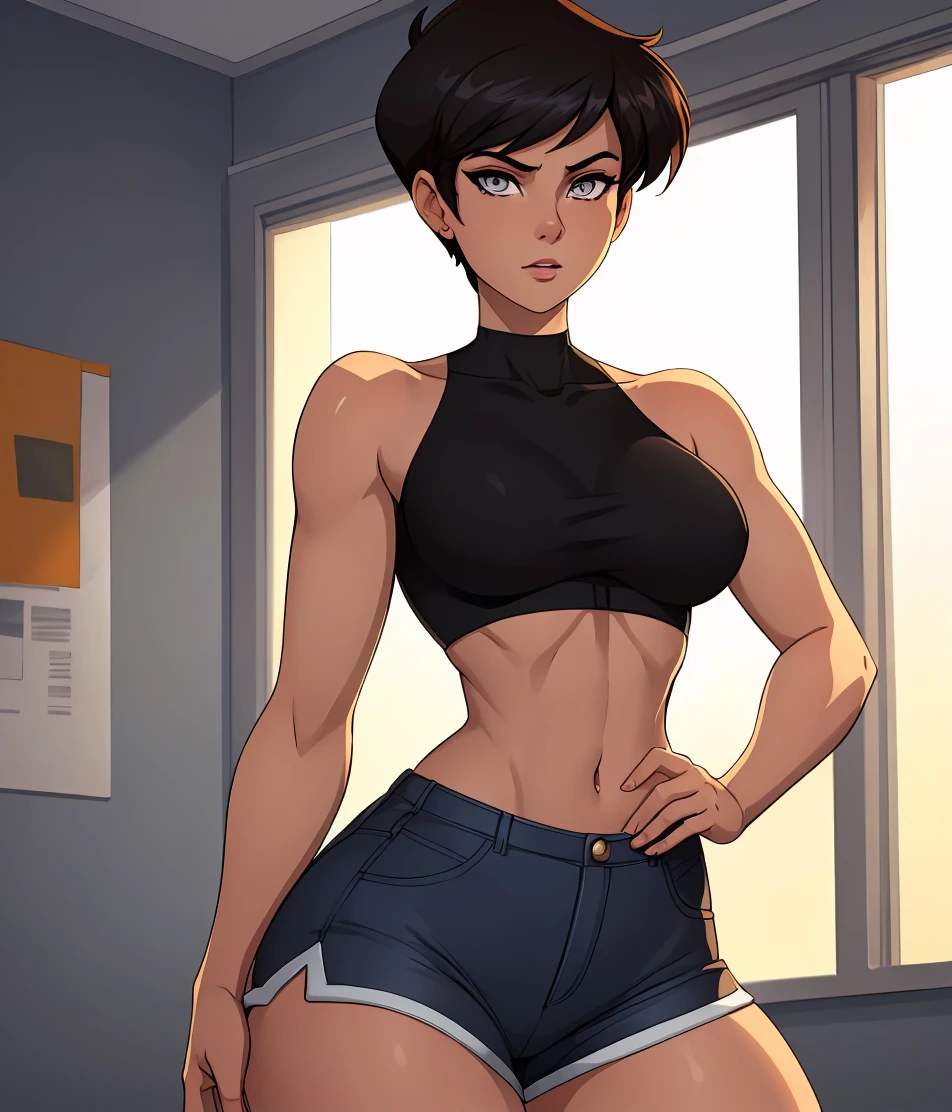 score_9, score_8_up, score_7_up, score_6_up, BREAK Nidalee, source_anime,seductive smirk, wearing jeans and bra, NSFW, medium breasts, wide hips, big ass, sweating, blushing, in a living room, front shot, holding whip, short hair, looking at viewer