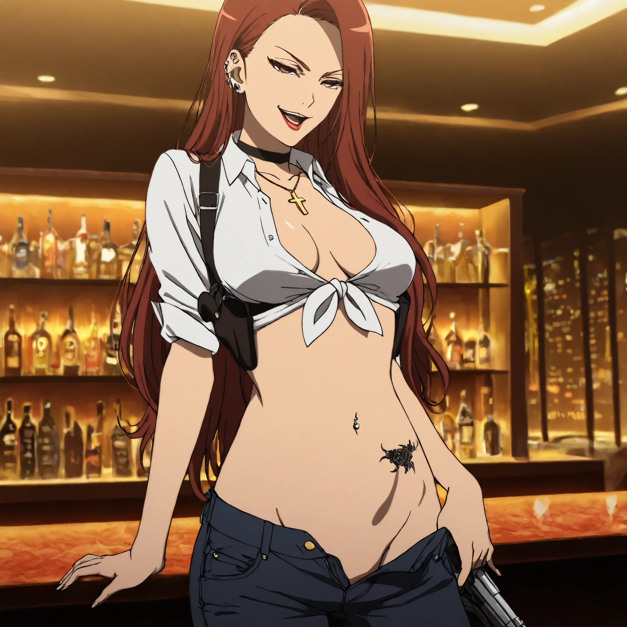  {sarina_shizukume_mahoushoujosite:1.15}, red_hair, twintails, red_eyes, long_hair, anime_coloring, brown_eyes,medium breast, choker, necklace, lipstick, blush, Hot girls, baddie, staring, glaring, bad attitude, mean girl, crazy, smoking, sensual, attractive, bar background, inside bar, indoor, masterpiece,high quality,4k, bare shoulder,belly,crop top,holding pistol,cleavage,casual dress, bar background, inside bar, indoor,smile, open mouth, (nsfw) not safe for work, evil expression, exposed belly, exposed navel, exposed midriff, exposed lower belly, crop top overhang, underboob,jacket, unbuttoned jeans , low rise black jeans, Low rise jeans, Low rise jeans with open fly, 