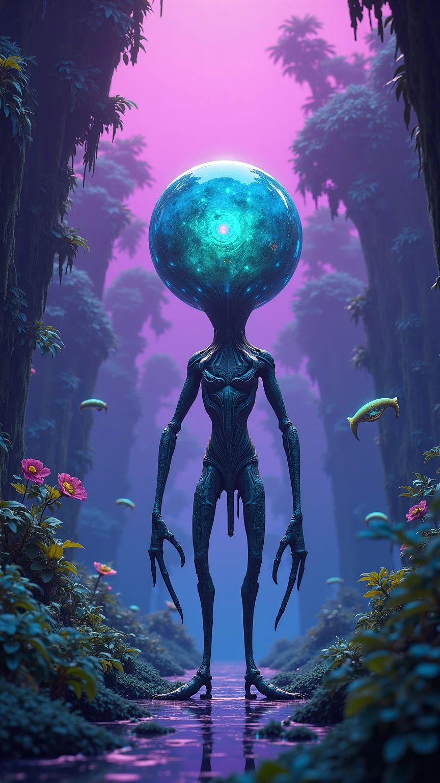 Create a surreal, otherworldly scene featuring an alien creature with an exposed, glowing brain and translucent body revealing colorful, glowing internal organs. The creature should have large, reflective eyes and elongated limbs. Set the scene in a dark, eerie environment with a full moon in the background, surrounded by gravestones or tombstones to enhance the nightmarish atmosphere. Use vibrant colors for the glowing elements of the creature to contrast with the dark, mystical backdrop, blending elements of sci-fi and horror.