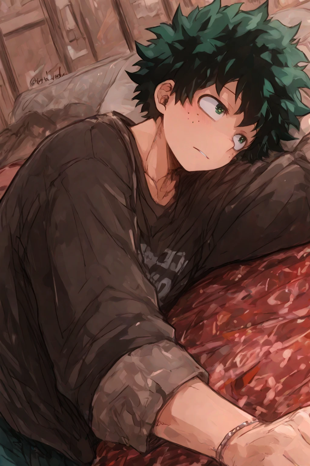 Anime boy Izuku very sweaty white socks laying down on his stomach on the bed showing his feet soles close to the camera