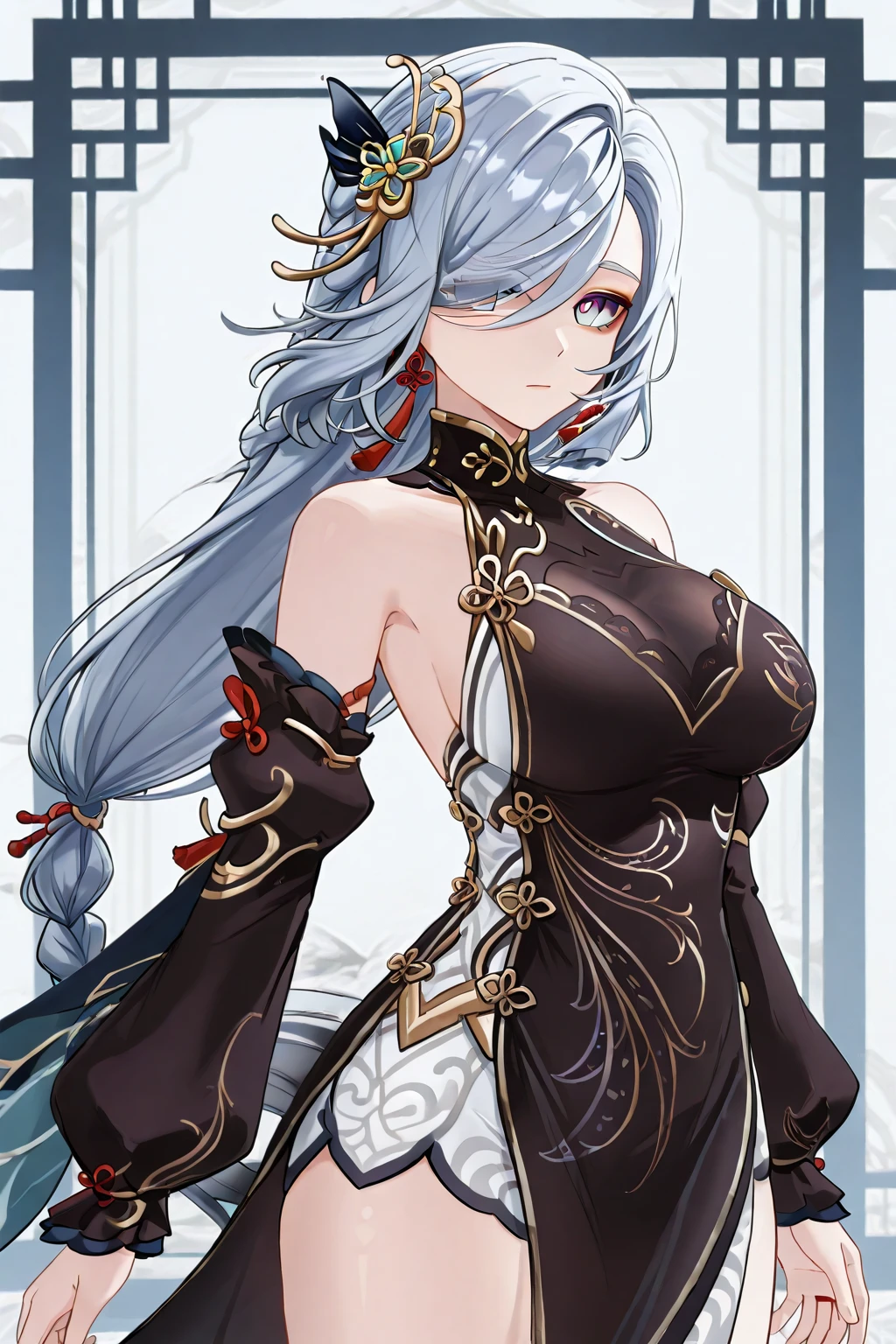 solo, (((masterpiece, best quality))) ,  (from side:0.95), shadow_lee, Li Dousha, panda_ears, bangs, bare_shoulders, blue_eyes, eyewear_on_head, hair_between_eyes, long_hair,  sunglasses, very_long_hair, 1girl, [white hair, streaked hair, blue hair],
