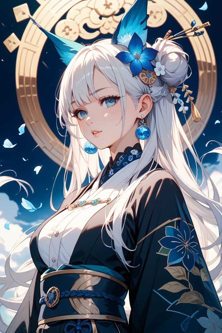mature woman, long white straight hair, wearing a beautiful white kimono with blue flower pattern, looking sideways, normal breasts, slightly open kimono to reveal cleavage, 4k, masterpiece, high detail, black lotus background, 
