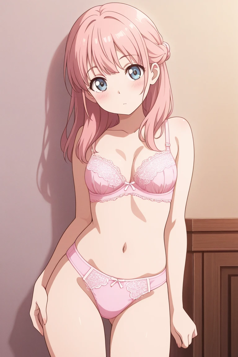 (anime style:1.2), masterpiece, 1girl, pink hair, blush, bra, panties, sitting on armchair