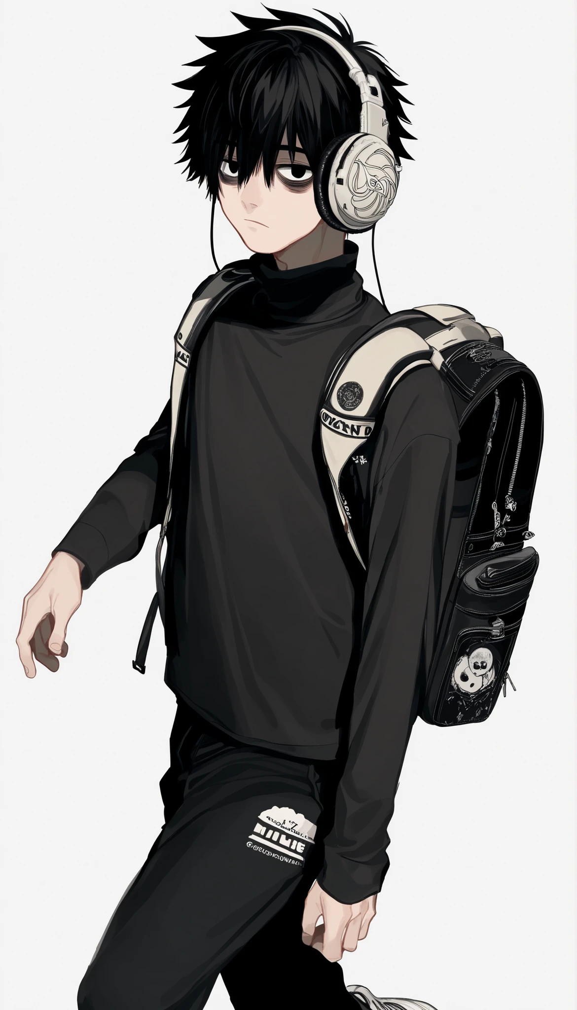 Source_anime, score_9, score_8_up, score_7_up, score_6_up,Japanese painting style, solo, one boy underneath him, voluminous casual hair、black hair、 eyes are slightly hidden by bangs, Male Focus, staring at the viewer, white background, black eyes、sleepy eyes、lonely, simple background, Sony headphones, Small bags under eyes, emo boy , black turtleneck sweater、Backpack、Black Pants、black Nike tech sneakers、Walking carefree、Hold a volleyball by your side