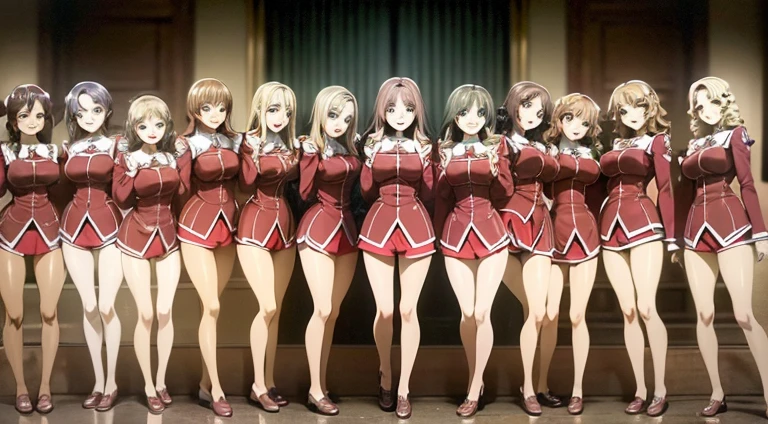 3 female students wear bare shoulders to school ， Blonde beauty with long flowing hair and beautiful legs 