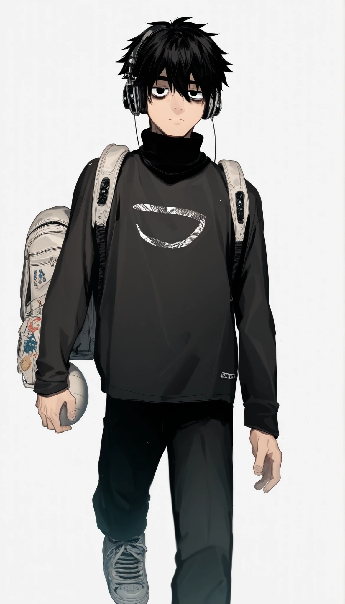 Source_anime, score_9, score_8_up, score_7_up, score_6_up,Japanese painting style, solo, one boy underneath him, voluminous casual hair、black hair、 eyes are slightly hidden by bangs, Male Focus, staring at the viewer, white background, black eyes、sleepy eyes、lonely, simple background, Sony headphones, Small bags under eyes, emo boy , black turtleneck sweater、Backpack、Black Pants、black Nike tech sneakers、Walking carefree、Hold a volleyball by your side