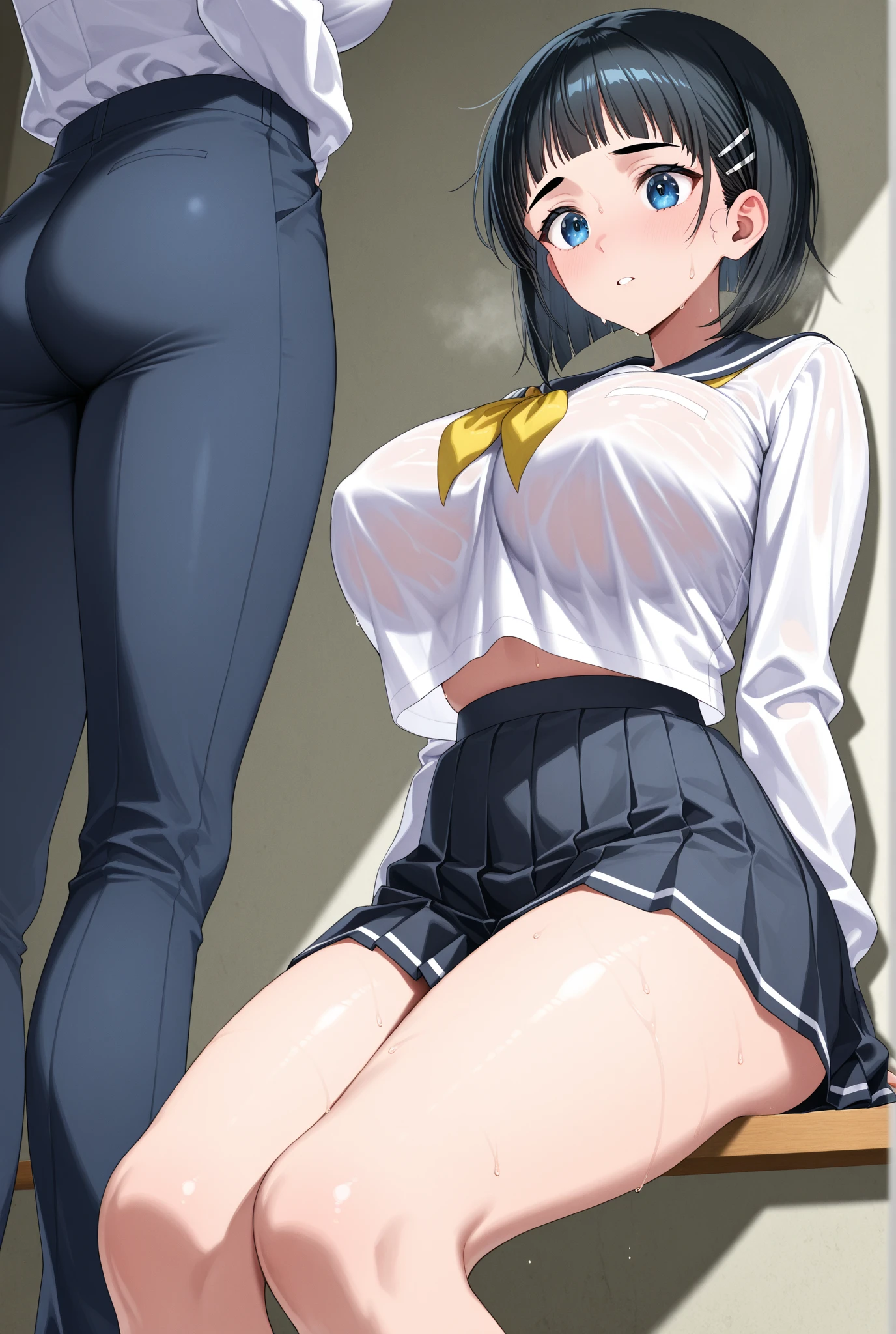 ((1 girl)), ((1 girl and 1 boy are having sex)), penis, 1 face, standing doggy style, (from behind), looking back, (girl in skinny tight navy jeans), (long jeans), (navy jeans), slim, slender, 17 years old, (short bob cut), ((black hair)), nose blush, glaring at viewer, smile, drool, orgasm, (topless), ((pink nipple)), penis in pussy, cum in pussy, (((embarrassed))), hard sweat, big ass, ahegao, detailed face, blue eyes, pink apron, lean on wall, Asian, bangs
