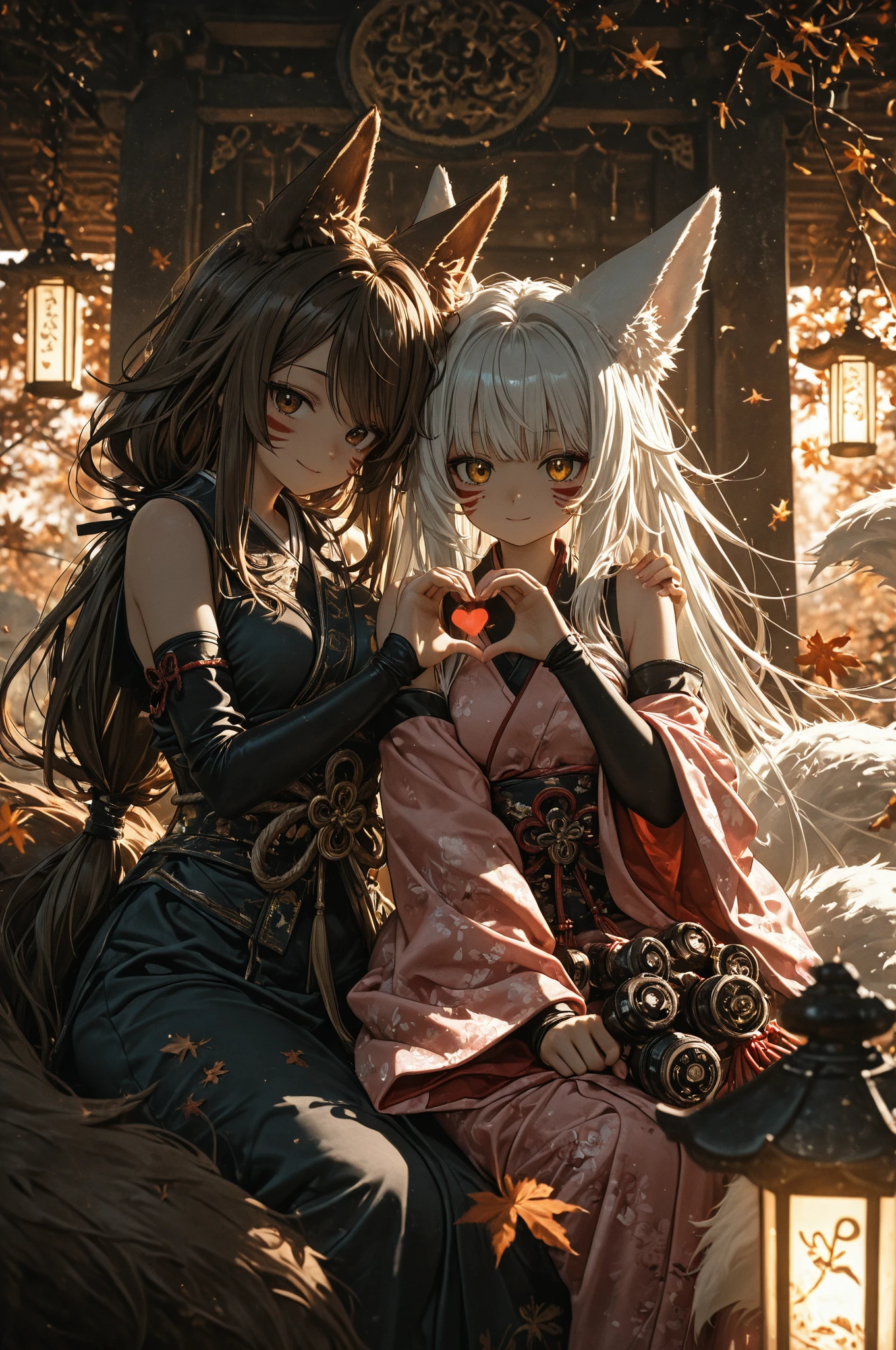 Two beautiful young women, Anime Style, Detailed face, Redhead, Red eyes, Delicate features, Soft lighting, Dressed in elaborate fantasy costumes, Stand Together, Fantastic and fascinating expression, Mystical forest background with glowing plants and magical creatures, A person holding a staff with a glowing crystal, The other is wearing a flowing jeweled gown, Vivid and fascinating fantasy lighting, Dynamic pose, Japanese Anime Style, high quality, Very detailed, 8K resolution, Cinema Lighting, 最high quality, Vibrant colors, Instagrammable, beautiful, trend