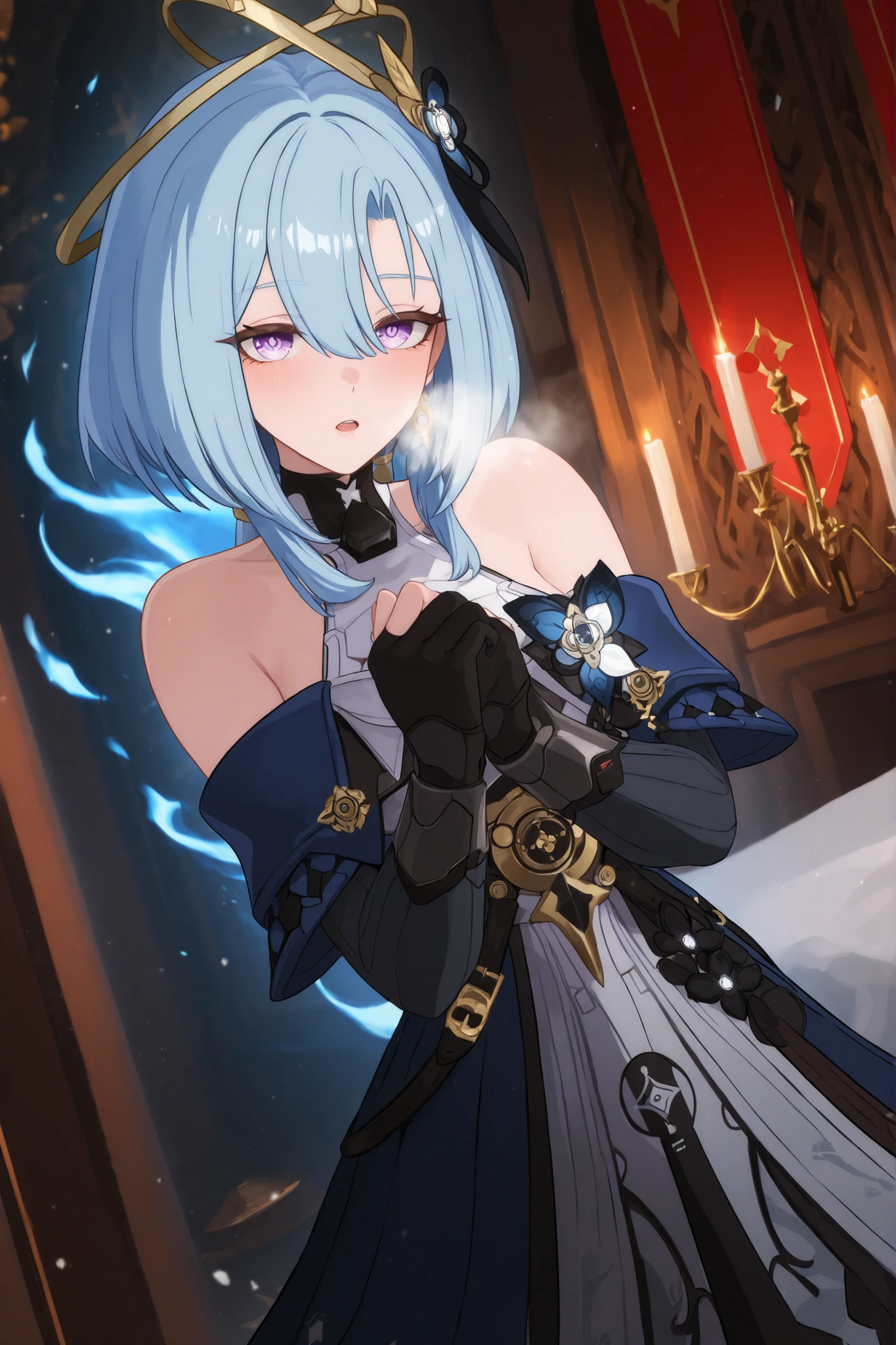 ((apenas)), (griseo :1.2), Aquecer, Beautiful woman with blue hair , cabelo curto, cabelo desgrenhado, sidelocks, levado, white breath, Olhos azuis, olhos brilhantes, seios grandes, decoration, aura brilhante, upper body, ao ar livre, Mundo diferente, ridiculous masterpiece, cor fria, alto contraste, is extremely absurd