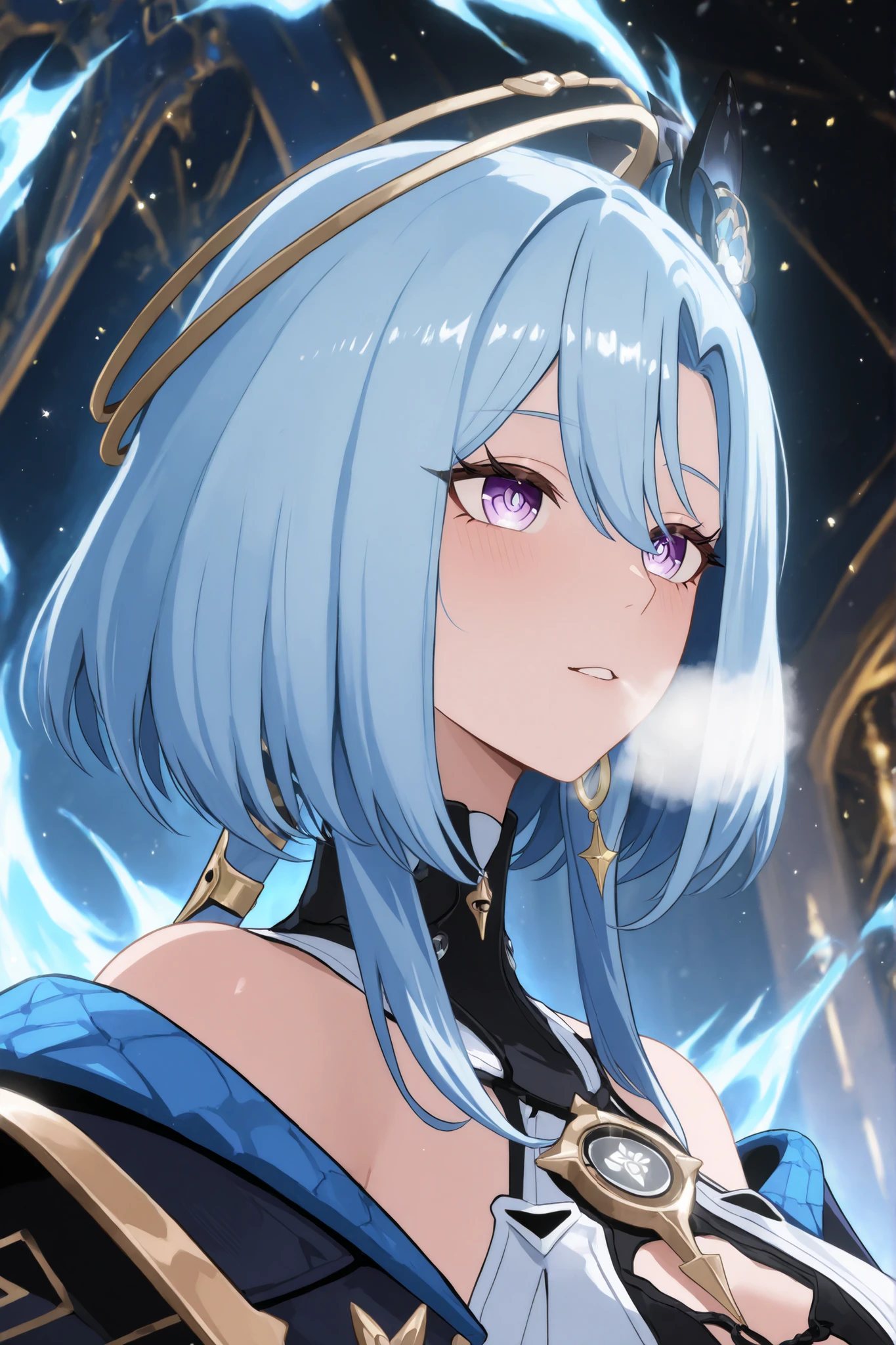 ((apenas)), (griseo :1.2), Aquecer, Beautiful woman with blue hair , cabelo curto, cabelo desgrenhado, sidelocks, levado, white breath, Olhos azuis, olhos brilhantes, seios grandes, decoration, aura brilhante, upper body, ao ar livre, Mundo diferente, ridiculous masterpiece, cor fria, alto contraste, is extremely absurd