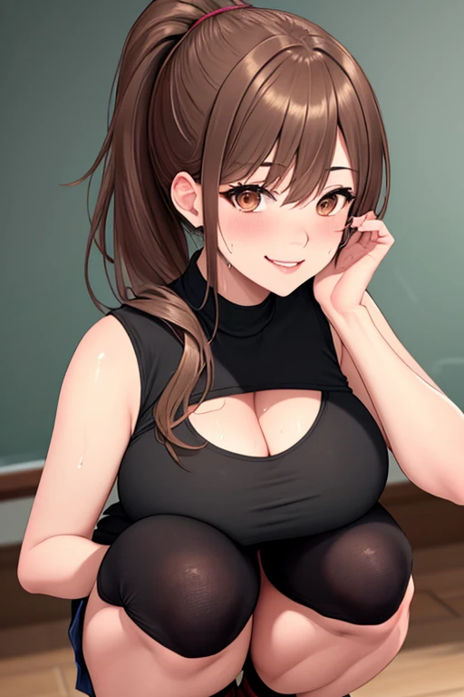 NSFW, nude, (highest quality, High resolution, , perfect pixel, 4k,), 1 girl, single, alone, Beautiful woman、I could see the whole body、 ((wavy middle hair, bangs, brown hair)), ((brown eyes, beautiful eyelashes, realistic eyes)), ((detailed face, blush:1.2)), ((smooth texture:0.75, realistic texture:0.65, realistic:1.1, Anime CG style)), medium breasts, dynamic angle, perfect body, ((female teacher)), earrings, black knee high stockings, ((open both legs wide)), ((shy smile)), upper grade, (Bring your chest and arms together),