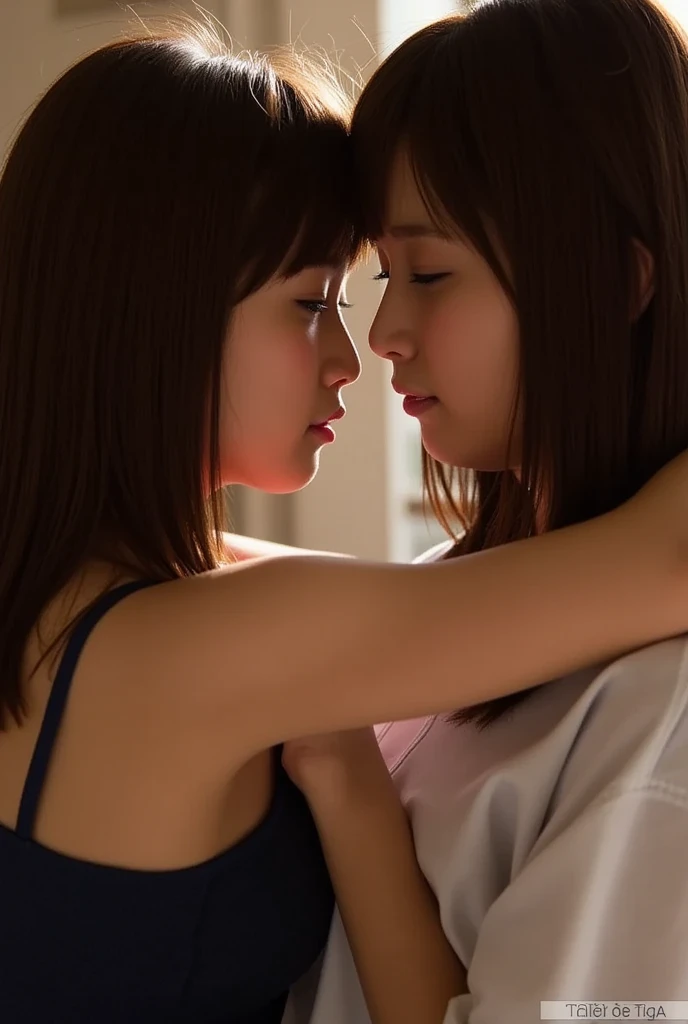 upper bodies of two schoolgirls collide head-on, pressing their bodies against each other and crushing each other. In a narrow space. Staring at each other with angry expressions, facing each other, symmetrically bumping into each other, kissing, close contact on a crowded train, being squeezed by a girl, two schoolgirls who can't move in a crowd, having no choice but to kiss and panicking, glaring at each other, girls and girls there is no gap between