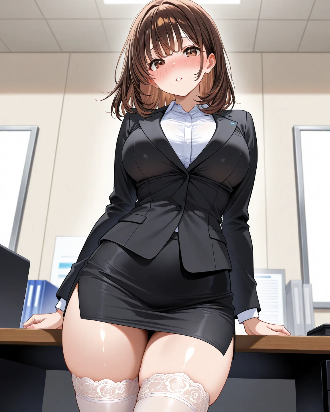 One girl, Magical girl, Pantiesー,Skirt Lift,((Under the skirt)),((Panty shot)),(黄色いPanties),((Small Pantiesー)),(((See-through Pantiesー))),(((Black Pantyhose))),白いレースのPantiesー, ,Are crying,Anguished expression、Embarrassed look,8k,Realistic、Anime illustration,CG、masterpiece, highest quality, 1 girl, alone, Large Breasts, short hair, Black Hair, Pink Eyes, office staff suit, Jacket, Pencil Skirt, Pantiesー under Black Pantyhose, (Skirt flip:1.1), (show off Pantiesー:1.1), Embarrassing, office,((リアルな質感のPanties)),((RealisticなPanties)),((ぴったり張り付いているPanties)),((Panties)),((透け透けPanties))