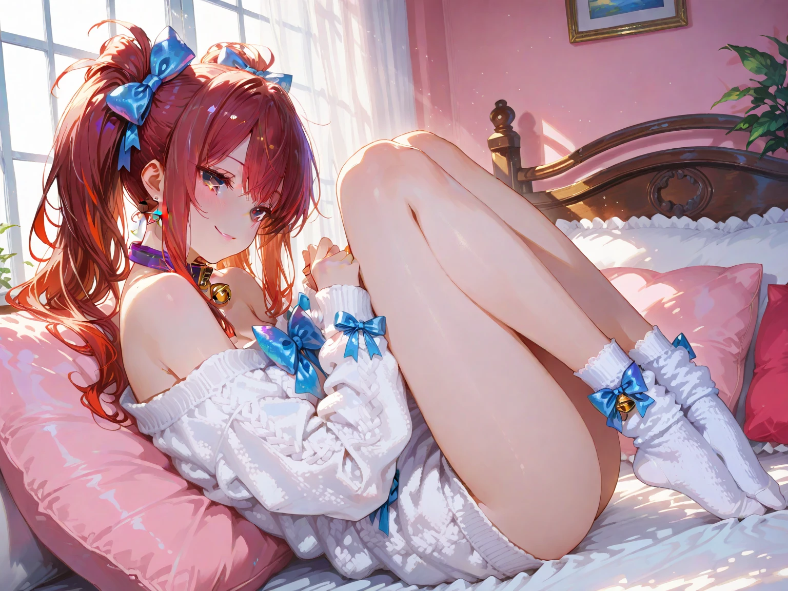 1girl, standing, orange hair, green eyes, loli, sexy cute, scantily clad, bonnet, headdress, comfy and cozy, big fluffy hoodie, sleep over, slumber party, skimpy outfit, cat ears, cute childlike, thigh high socks, pastel green details, lolita, kill la kill inspired, lingerie pajamas, cute, lace and frills, intricate detail, pink pajamas, pigtails, holding turtle plushie, pyjamas, cute pjs, fullbody, best quality, high res, ultrasharp 8k