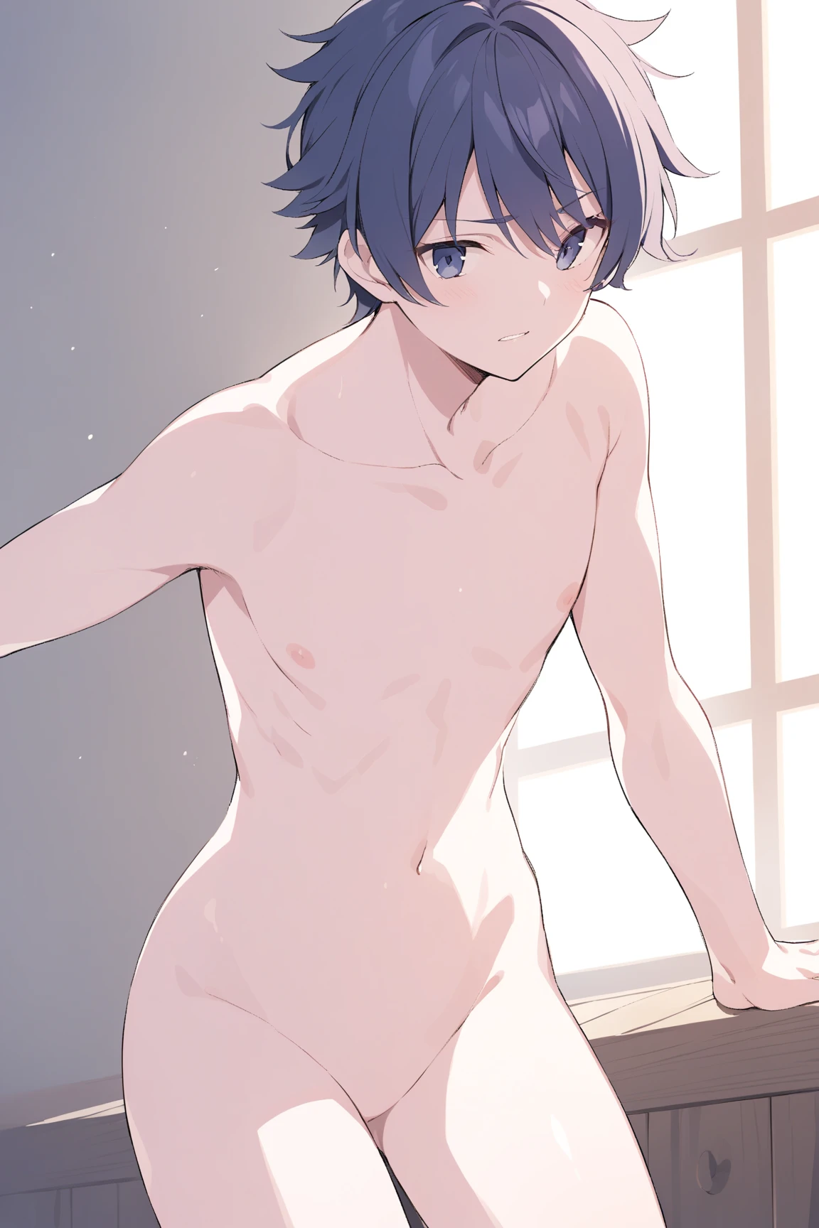 draw a pornagraphic image of shinji from evangelion , make him nude, show him fingering his pussy, athletic body