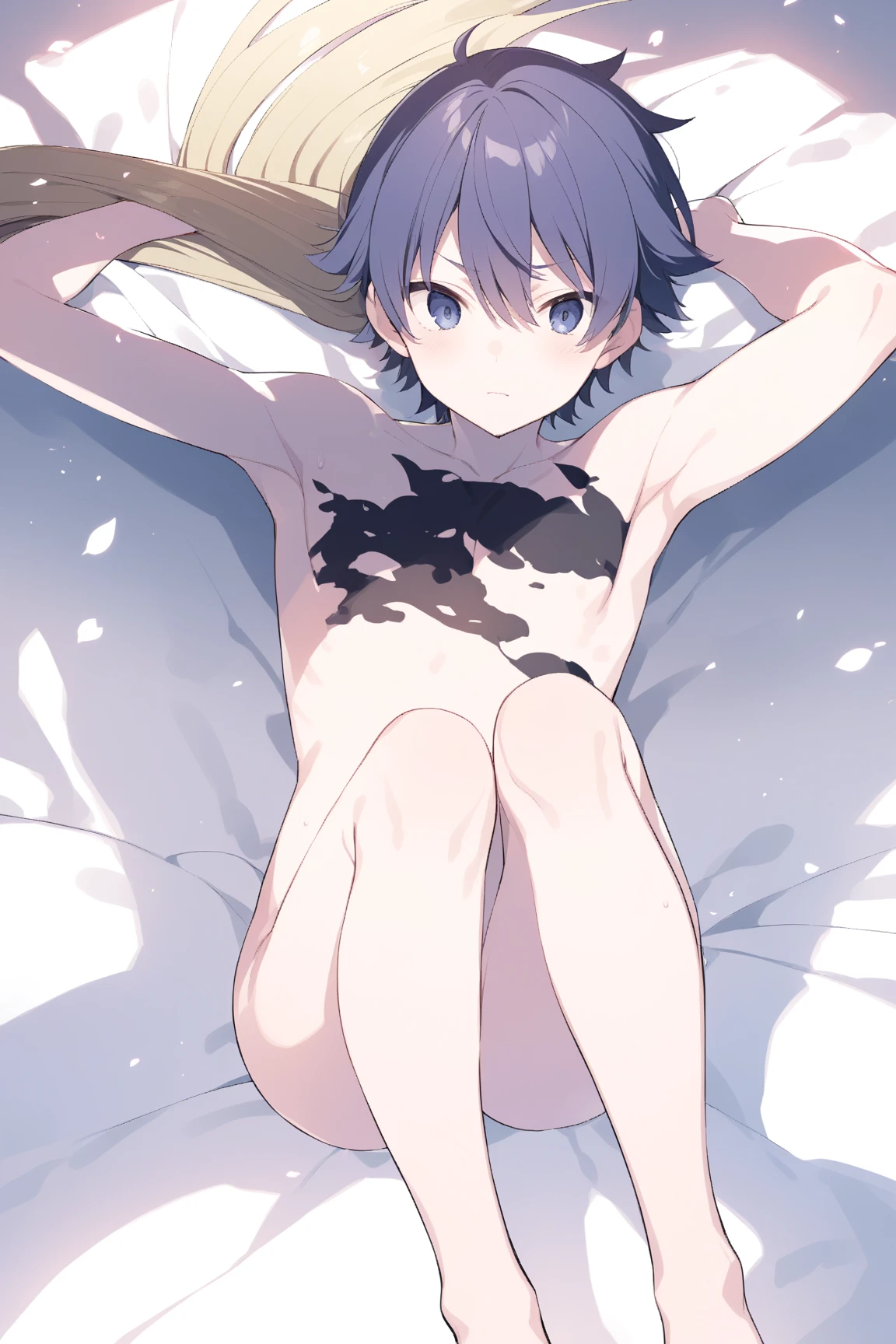 Male, solo, short, young boy, no underwear, sleeping in bed, semen on bed, small boy, no underwear, legs spread wide open, small little boy. A little chubby, naked, not wearing anything, chubby, open legs, penis, 