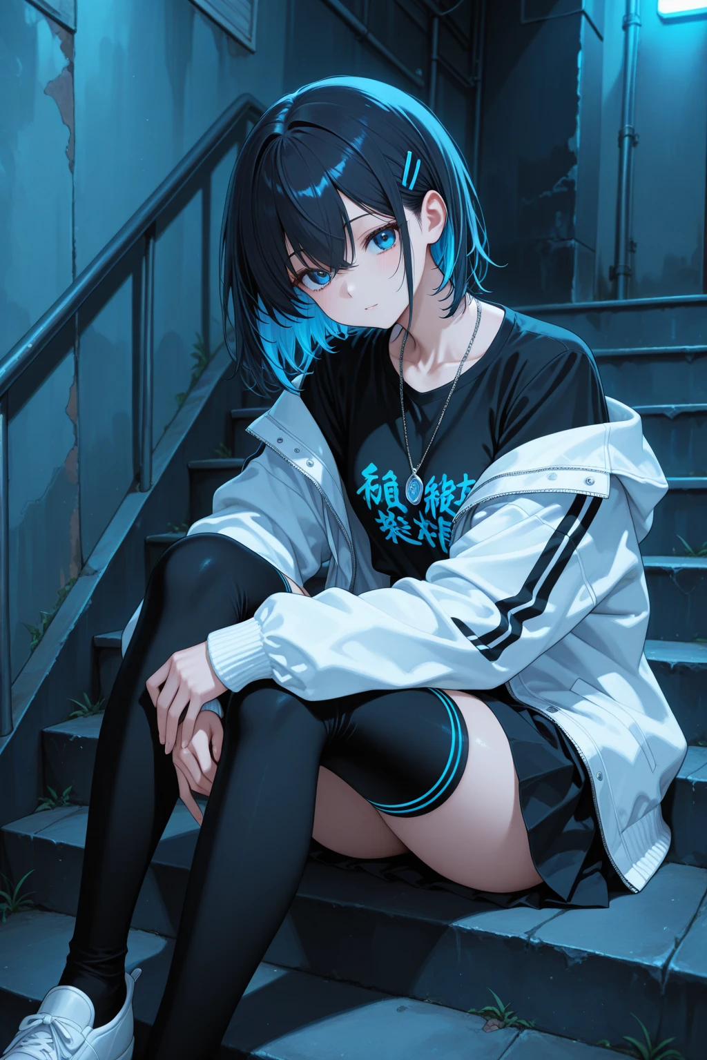 masterpiece,8K,Super detailed,best quality, (1 girl,alone), (long black hair,Straight Hair,Air bangs), (innocent aqua blue eyes, Mouth slightly open), (Medium large, fair skin), (Wearing a simple white shirt, and black panties, To show your thighs), (Has black leather collar), (Facing the audience, Stand upright, Hands hang down naturally), (The expression looks a little shy, but with a smile, Slightly red cheeks), (light black background, Center the character)