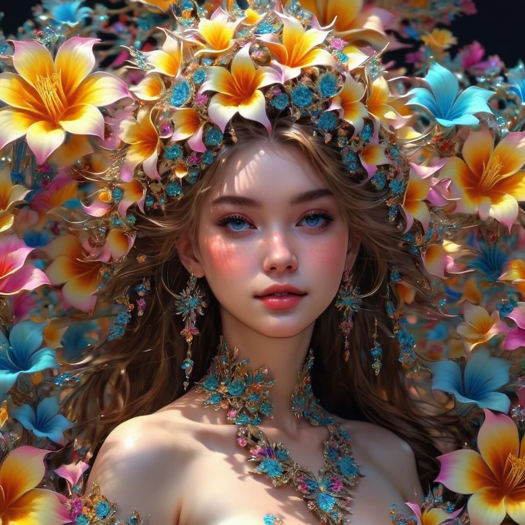 A beautiful woman, Peach feathers, Surrounded by trees, See-through dresses, Hair explodes into colorful flowers, finely detailed features, Complex brushstrokes, Beautiful lighting, Cinematic, Color grading, Depth of field, Intricate details, illusory engine, concept art of character, Creative, Expressive, Stylized anatomy, Digital art, 3D rendering of, Unique, Award-winning, Adobe Photoshop, Maximum 3D studio, Perfect concept, Distinctive personality, Consistent style, hardware*