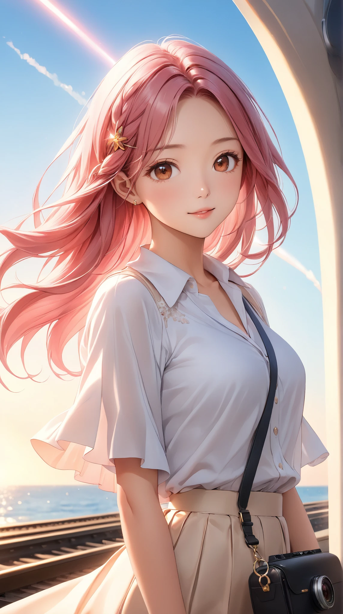 high resolution,smile,happy,light smile,woman,woman1人,adult,Clear,cute, blunt bangs,Pink Hair,BREAK, Brown eyes,BREAK,wavy hair,long hair,BREAK, ((looking at viewer)), Nurse uniform,Nurse cap,BREAK,Facing forward,BREAK,Pink background, BREAK,