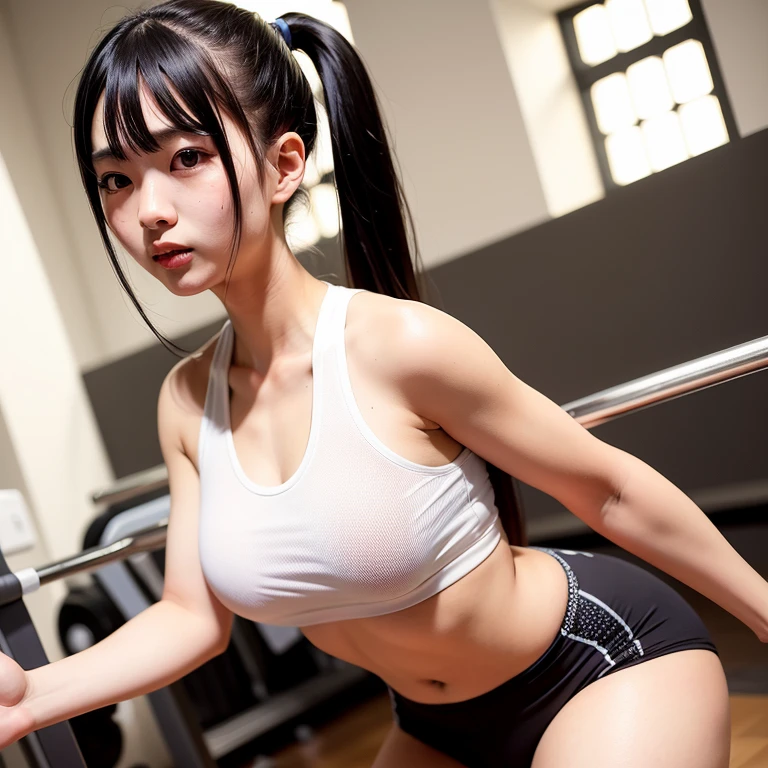 hightquality、​masterpiece、ultra res、a beauty girl、Beautiful girl face、cute girl face、、school gym、Wearing gym clothes、full bodyesbian、Famous actresses of Japan、very beautiful face、A sexy