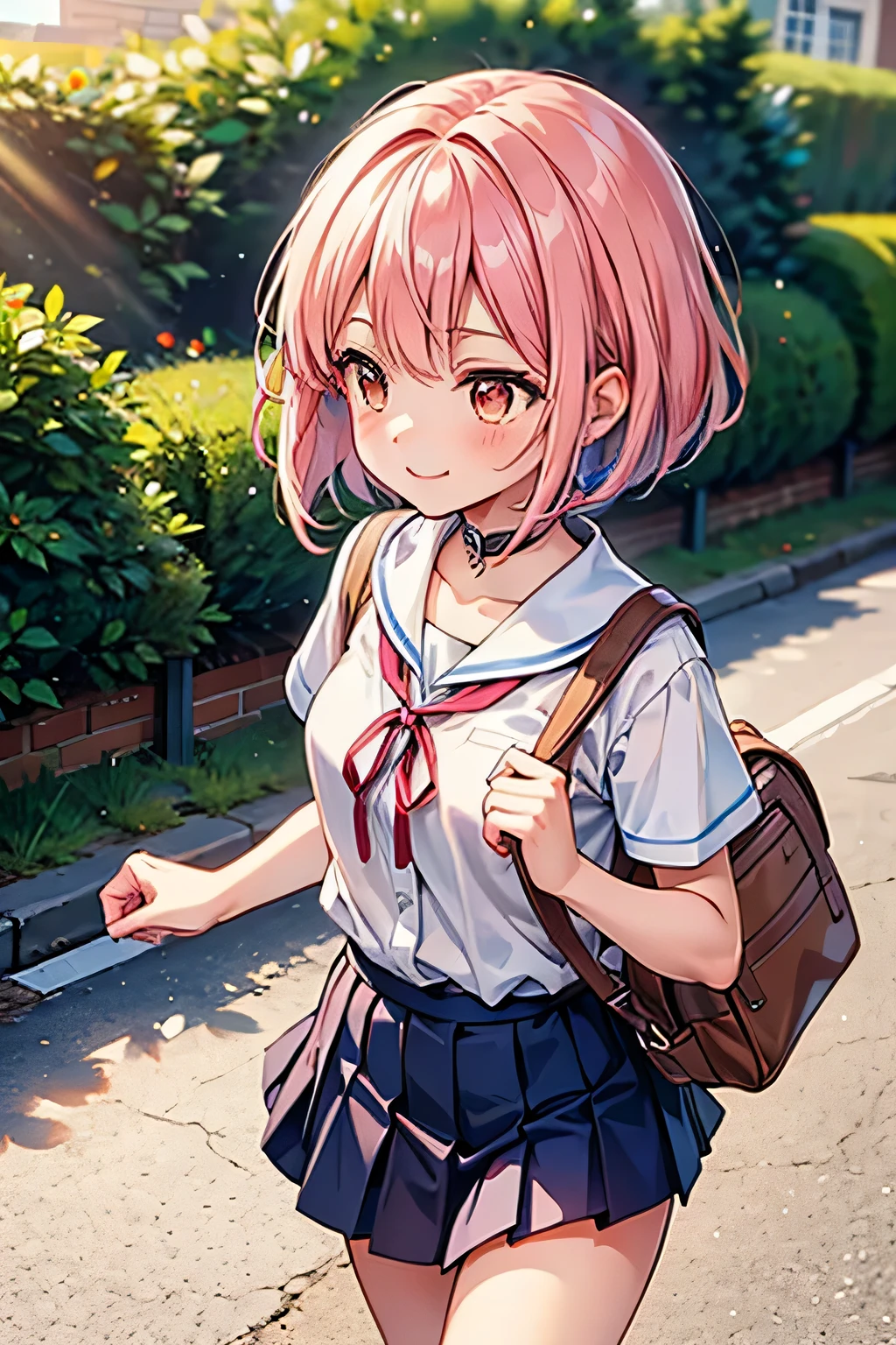 masterpiece, Highest quality, High resolution,(throw_hand grabbing chest),,One girl, One boy,Age difference,bow tie,Blonde,chest,Long Hair,Pink Hair,pleated skirt,Tucked in shirt,short hair,skirt,smile,Tent shirt,amusement_garden,breasts grab