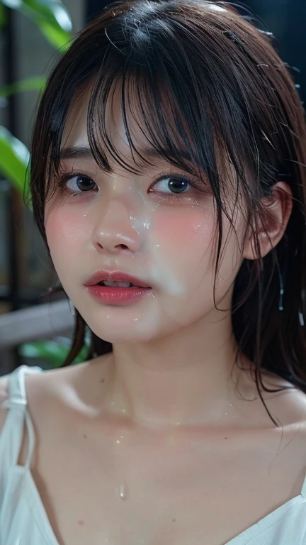 (8K, RAW Photos, Highest Quality, masutepiece: 1.7), (Realistic, Photorealistic: 1.9), NSFW, Black hair, (Blushing), Shower room, Sweaty face, Sweaty body, Surprised face, Looking at Viewer, (Small ), (No makeup), Naked, (),( in mouth), (projectile cum), Close up face