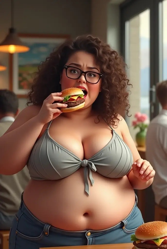 (masterpiece), best quality, expressive eyes, perfect face, a gluttonous sexy woman with short hair, in a fast food restaurant, with her (((humongous gigantic boobs slightly spilling out of her top creating huge cleavage))), soft but flat belly, very narrow waist and extremely wide hips, tiny shorts barely containing her thick thighs and huge ass, (((eating a ton of food, surrounded by empty plates))), breasts on table, gigantic breasts / large breasts, bubble butt, big/wide - hips/ass, voluptuous - hips/ass, phat - hips/ass