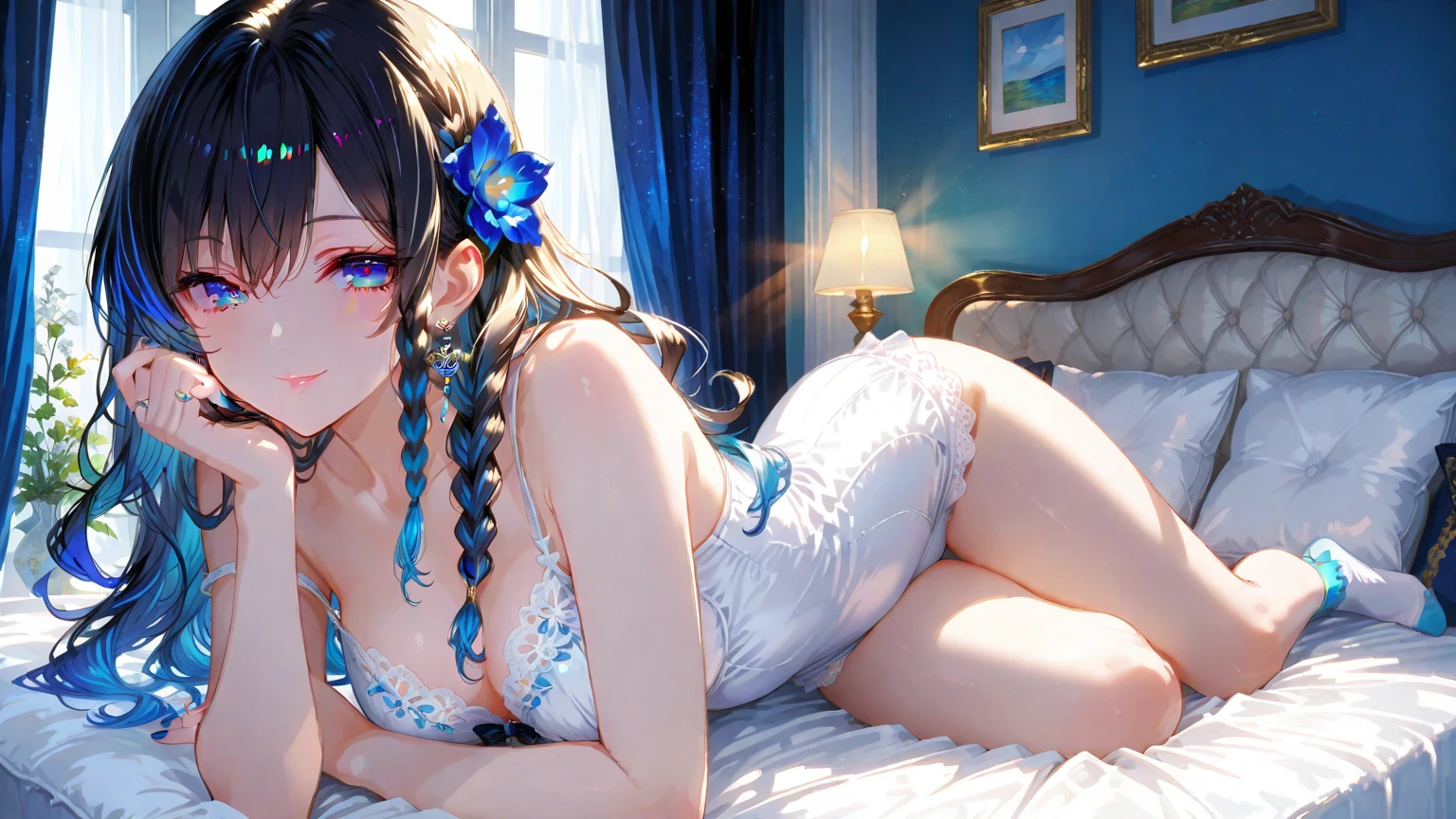 Delicate beautiful face and eyes,focus on face, Deep sea background,masutepiece,Detailed Splash Water, beautiful detailed water, Shock sensation, (Real: 0.5), Original 2 High Saturation, (Surrounded by colorful splash spots), multicolored bubbles, glasser maid))、泡のあるIridescent backgroundの接写, ethereal rainbow bubbles, Bokeh iridescent accents, Bokeh. iridescent accents, Rainbow BG, Colorful refracted glow, soft rainbow, shiny colorful, Sparkling sky, colorful backdrop, Iridescent background, rainbow bubbles, Colors of Heaven, Glitter background, ethereal rainbows, Background pastels, background is heavenly、Close up of a pile of colorful plastic beads, candies, Dolces, candy, candy colors, candy pastel, candy decorations, lollipops, gummy candies, Made by Lollypops, made of candy and lollypops, Dolce, candy treatments, gumdrops, lollipop, made of candy, candy land, jello, everything is made of candy, whirlpool、Alphafie woman in blue dress and stockings sitting on bed, translucent  dress, beauty lingerie, iridescent shiny Sheer lingerie, translucent silky dress, pale-blue, wavy lingerie, sexy gown, Bright blue shiny lingerie, blue undergarments, Icy Blue Dress, Light blue, Pastel Blue, femme, Sheer, sky - blue dress, Wearing sexy lingerie、a close up of a woman in a purple lingerie posing for a picture, lingeries beauty, wavy lingeries, wearing sexy lingerie, laced lingerie, lingerie, sexy gown, iridescent shiny Sheer lingerie, , lingerie!!, Purple body, enticing, dark purple garments, enticingな, Sheer, sexy-S 100, seductive lingerie camisole、a close up of a woman's underwear with a Bra and panties, bright blue shiny lingerie, lingerie, lingeries beauty, blue undergarments, laced lingerie, lingerie!!, Bra, wearing sexy lingerie, Bralette, 魅惑的でenticing, harnesses and garters, tease, costume with blue accents, godesses, wavy lingeries, Cheeky, so sexy、there is a woman in a Sheery dress posing for a picture, けもの, see-through nightdress, full - length view, The whole picture, sheer fantasy dress, translucent  dress, wearing a transparent nightgown, Full length view,see-through flowing robe, Sheer, flowing magic robe, long luxurious sheer gown、Nipples show through、show through、Braided hair、corolla、petal hair、poneyTail、Long